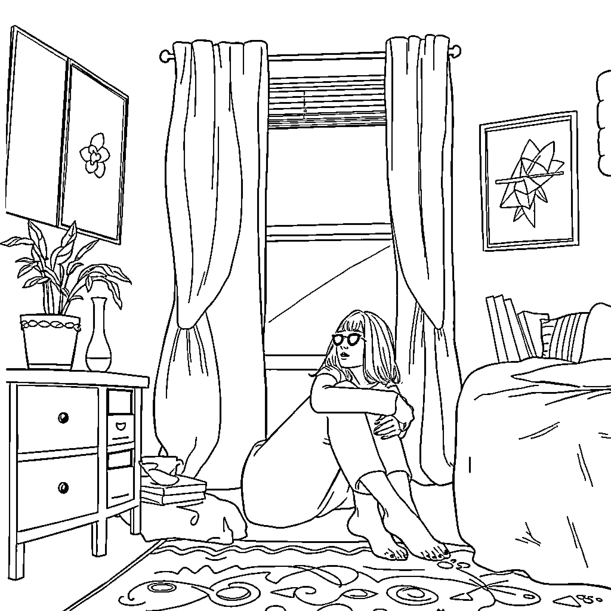 Sabrina Carpenter in a cozy bedroom setting Coloring Page (free black-and-white line drawing printable PDF for all, from beginners to advanced learners, including children, teens, adults, and seniors)