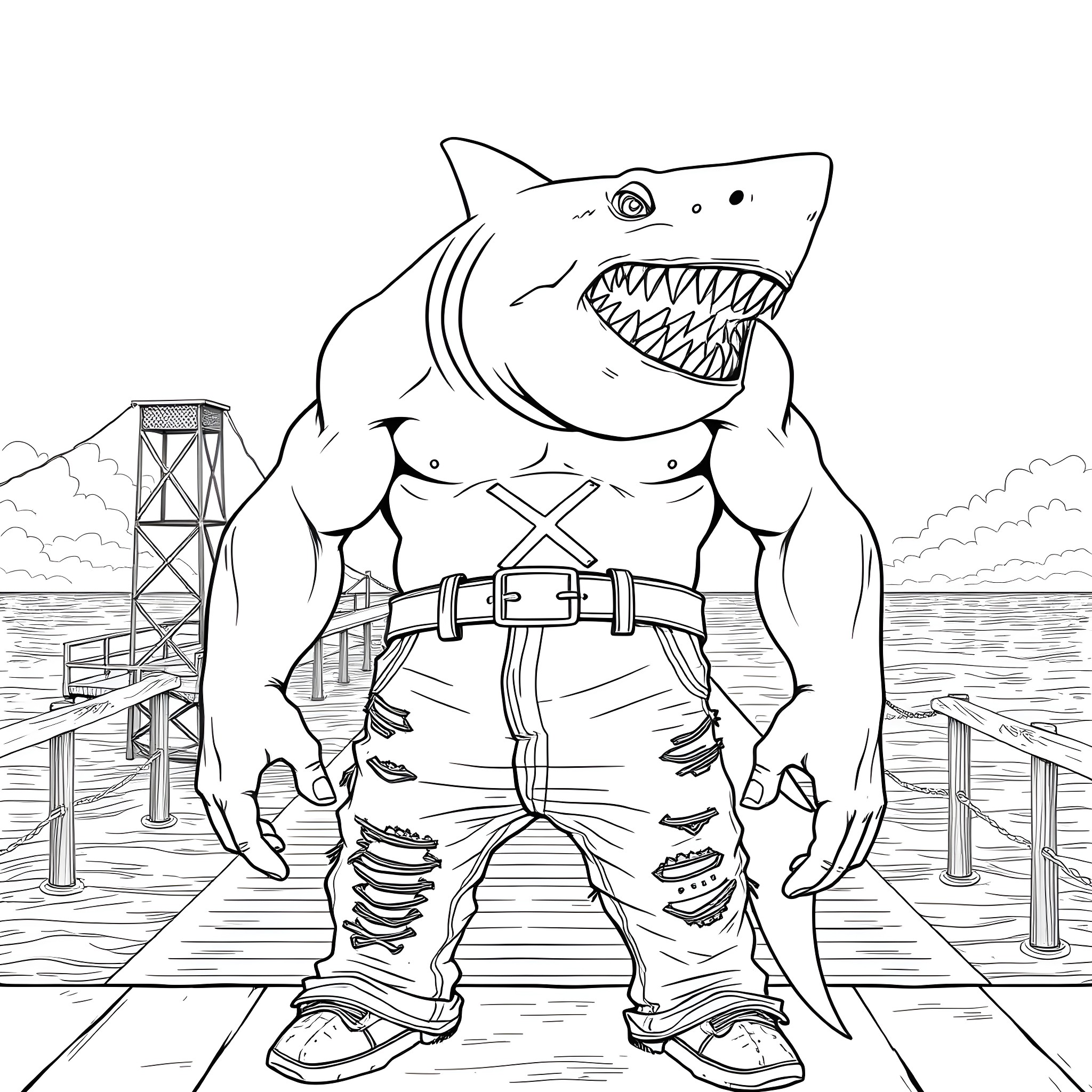 Shark villain standing menacingly on dock Coloring Page (free black-and-white line drawing printable PDF for all, from beginners to advanced learners, including children, teens, adults, and seniors)
