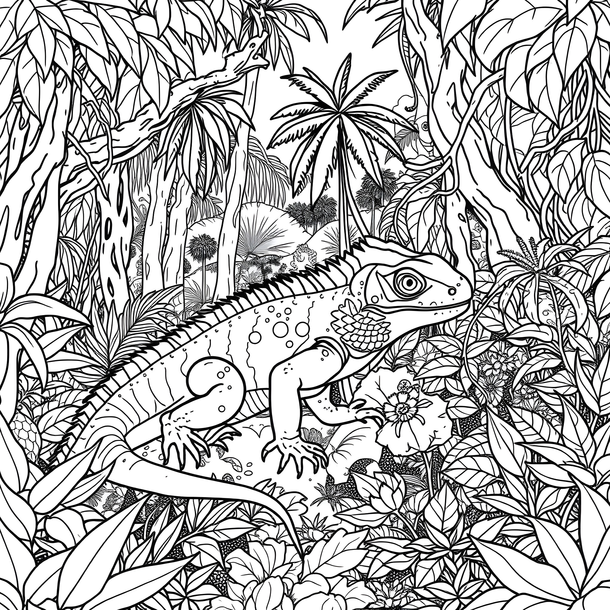 Komodo Dragon in Lush Tropical Jungle Coloring Page (free black-and-white line drawing printable PDF for all, from beginners to advanced learners, including children, teens, adults, and seniors)