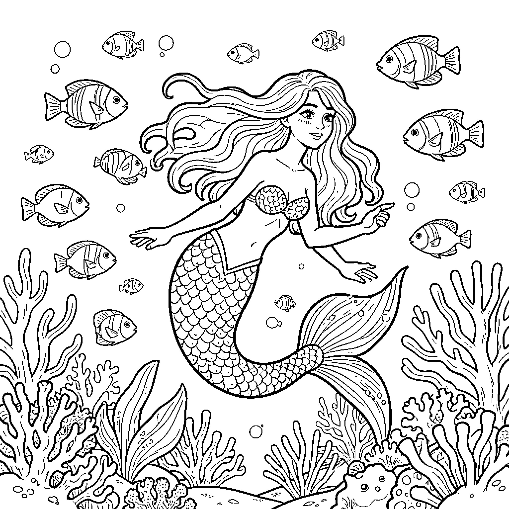 Mermaid swimming gracefully among fish and coral reefs Coloring Page (free black-and-white line drawing printable PDF for all, from beginners to advanced learners, including children, teens, adults, and seniors)