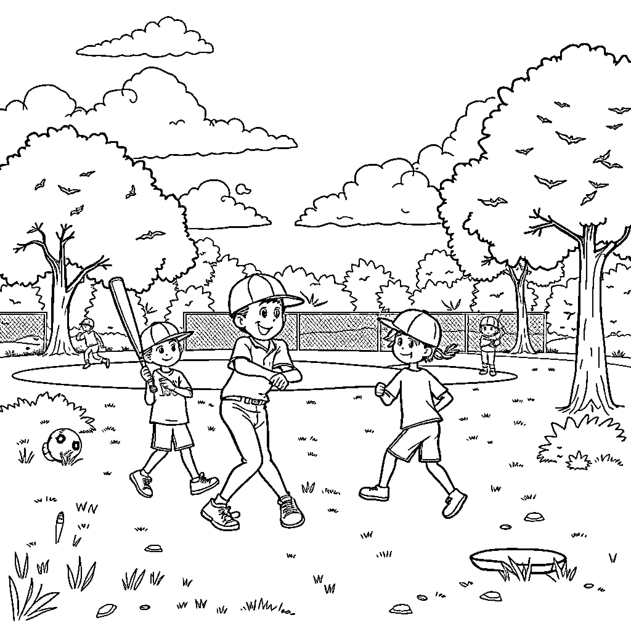 Baseball game in the park Coloring Page (free black-and-white line drawing printable PDF for all, from beginners to advanced learners, including children, teens, adults, and seniors)