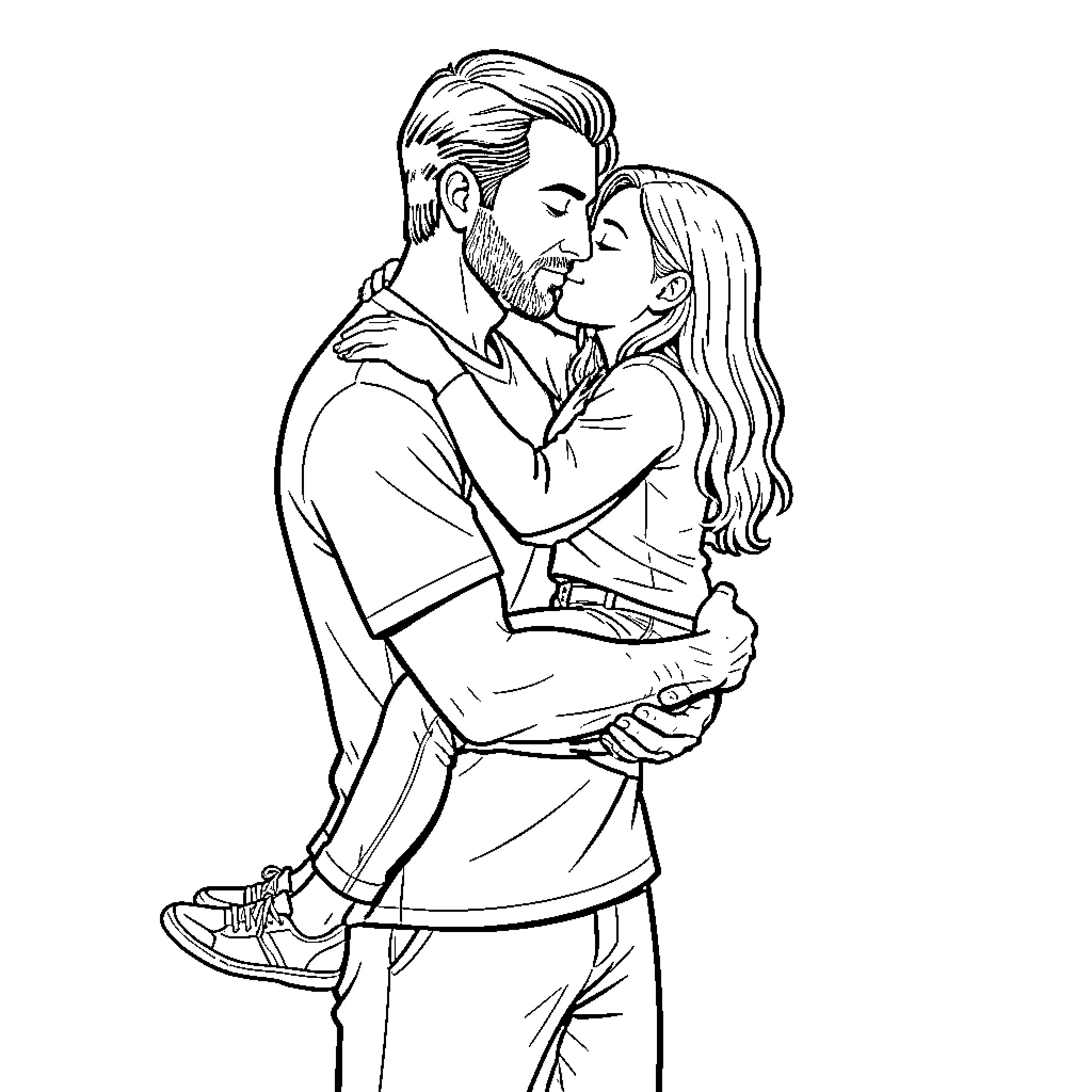 Hombre embracing woman affectionately Coloring Page (free black-and-white line drawing printable PDF for all, from beginners to advanced learners, including children, teens, adults, and seniors)