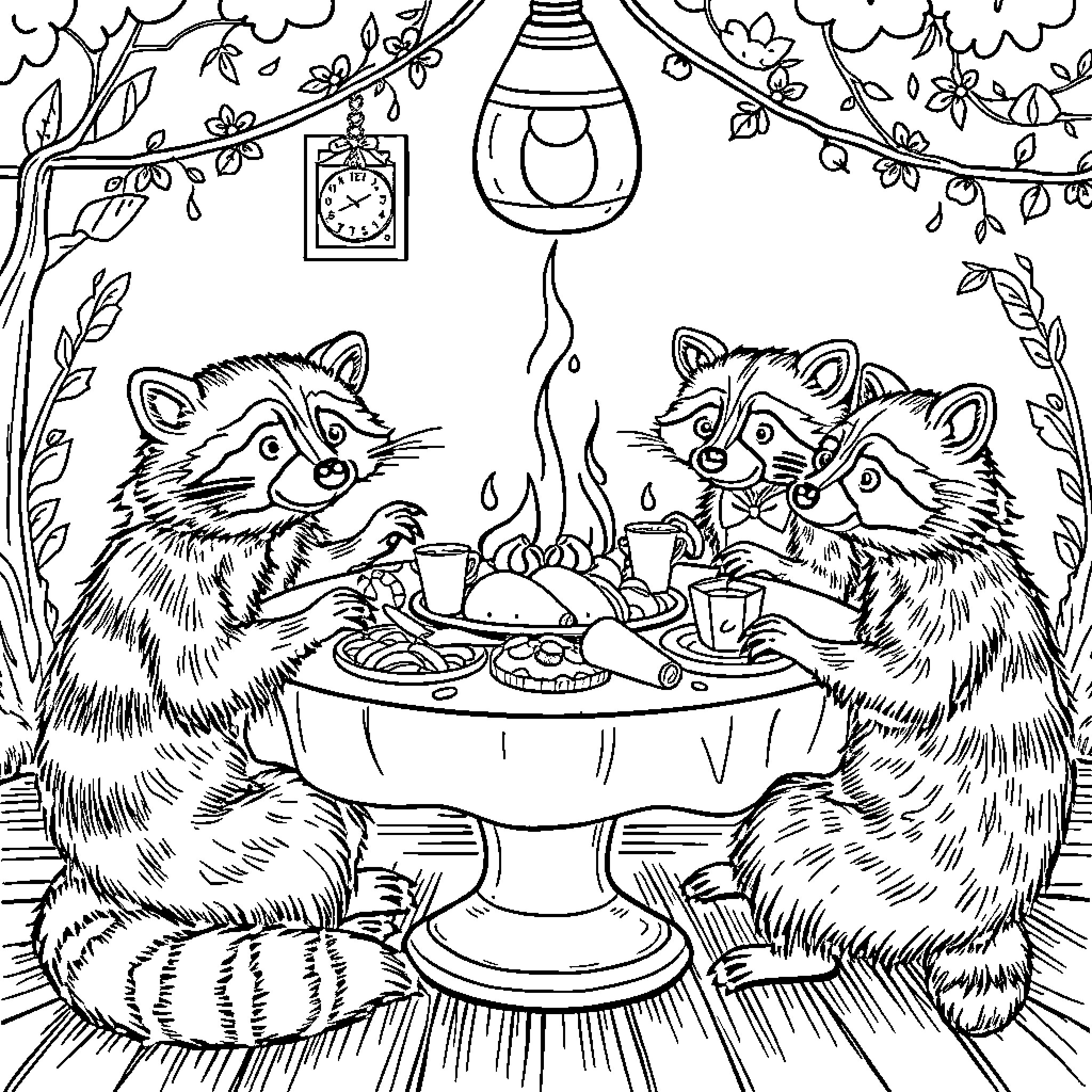 Raccoons enjoying a cozy meal together Coloring Page (free black-and-white line drawing printable PDF for all, from beginners to advanced learners, including children, teens, adults, and seniors)