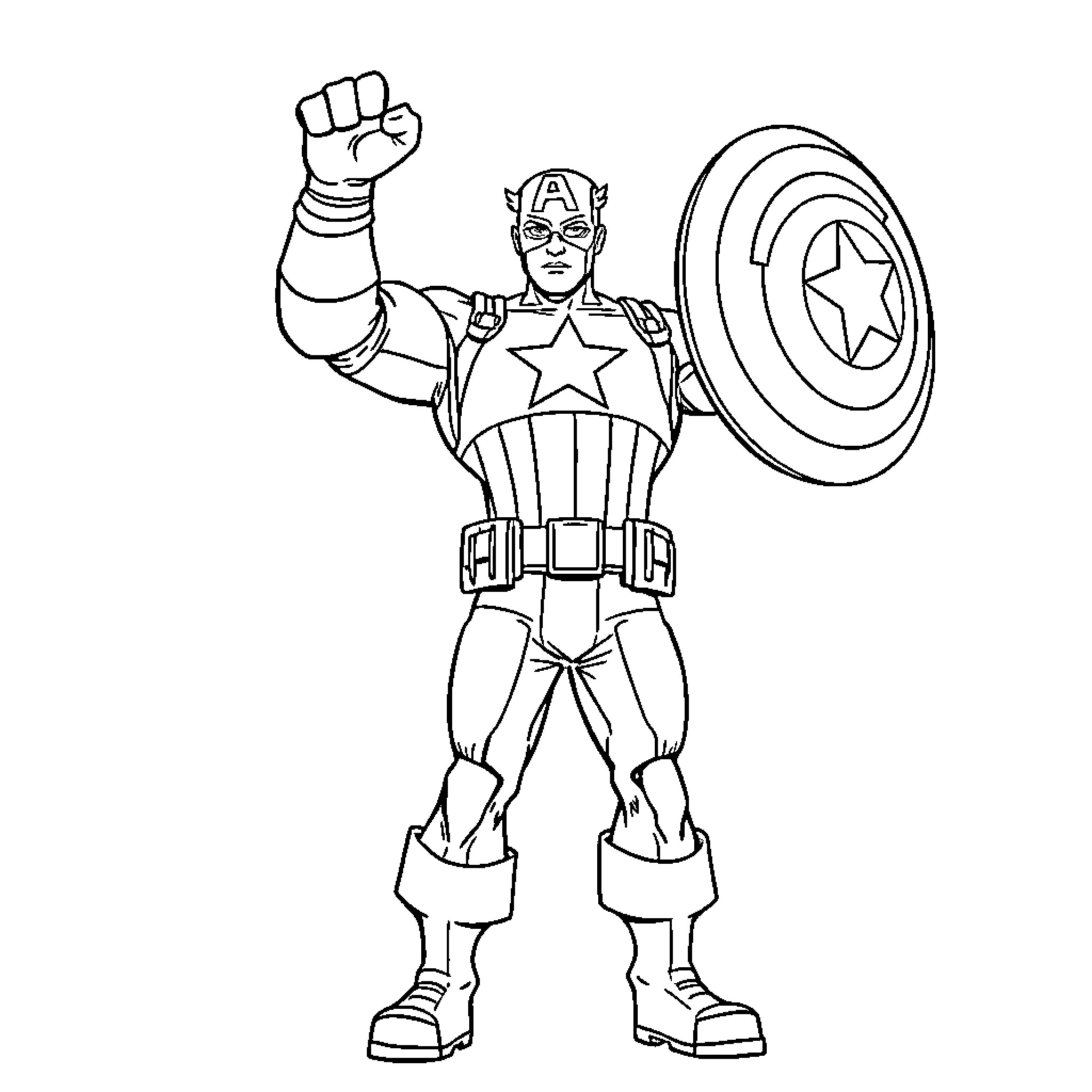 Captain America striking heroic pose with shield Coloring Page (free black-and-white line drawing printable PDF for all, from beginners to advanced learners, including children, teens, adults, and seniors)