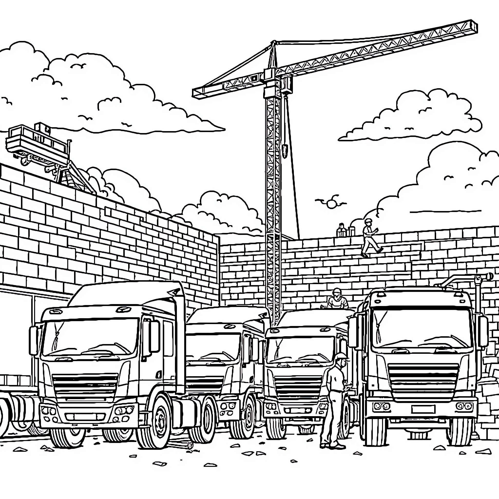 Construction Site with Trucks and Cranes at Work Coloring Page (free black-and-white line drawing printable PDF for all, from beginners to advanced learners, including children, teens, adults, and seniors)