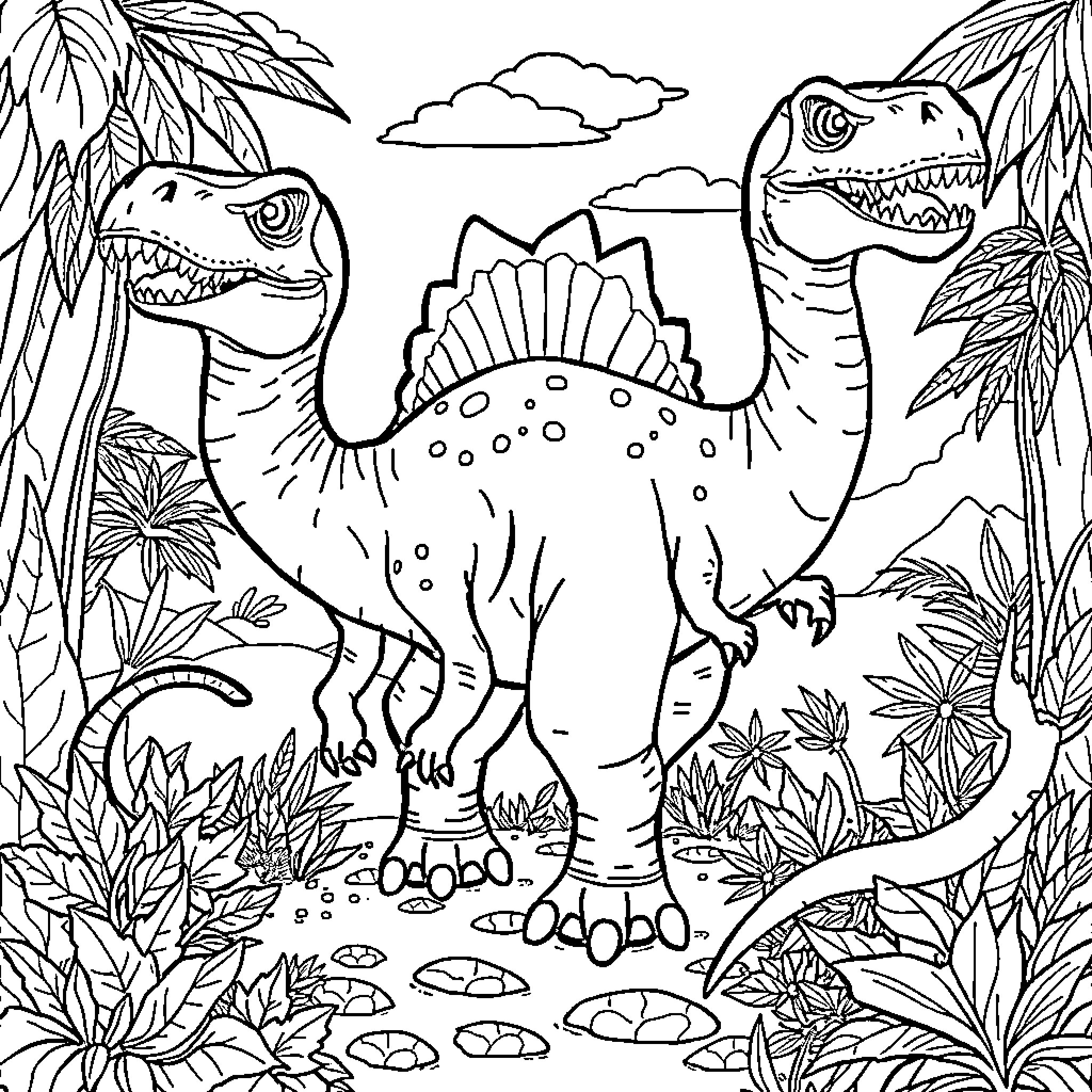 Dinosaurs in the Prehistoric Jungle Landscape Coloring Page (free black-and-white line drawing printable PDF for all, from beginners to advanced learners, including children, teens, adults, and seniors)