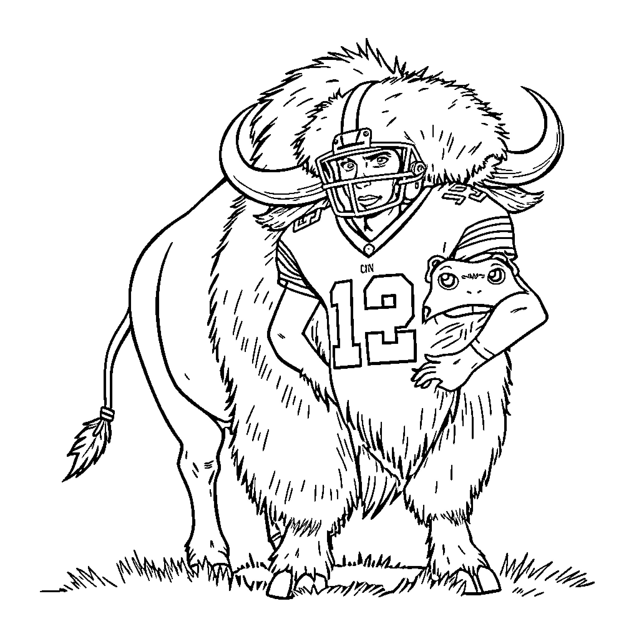 Buffalo player in sports uniform Coloring Page (free black-and-white line drawing printable PDF for all, from beginners to advanced learners, including children, teens, adults, and seniors)