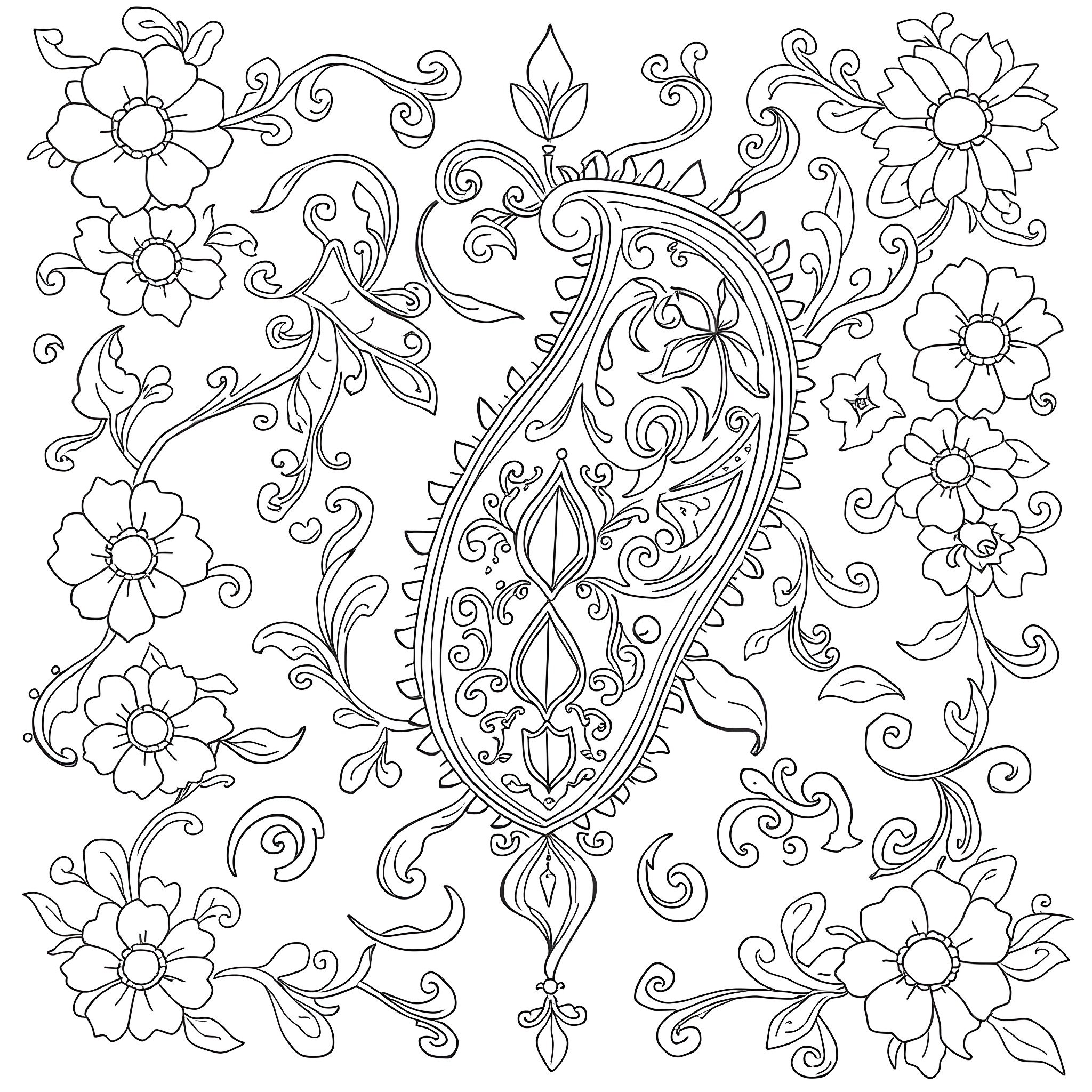Paisley floral patterns and ornamental designs Coloring Page (free black-and-white line drawing printable PDF for all, from beginners to advanced learners, including children, teens, adults, and seniors)