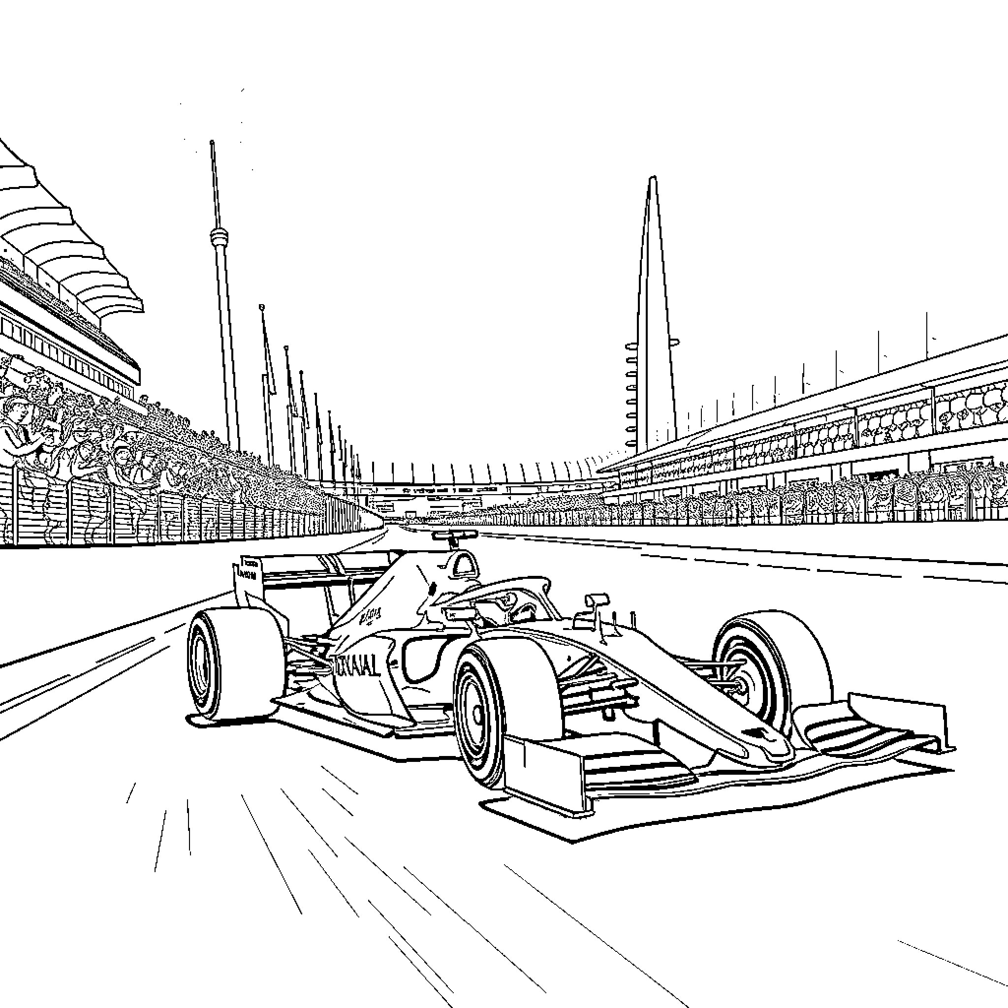 F1 Driver racing on the track with grandstands Coloring Page (free black-and-white line drawing printable PDF for all, from beginners to advanced learners, including children, teens, adults, and seniors)