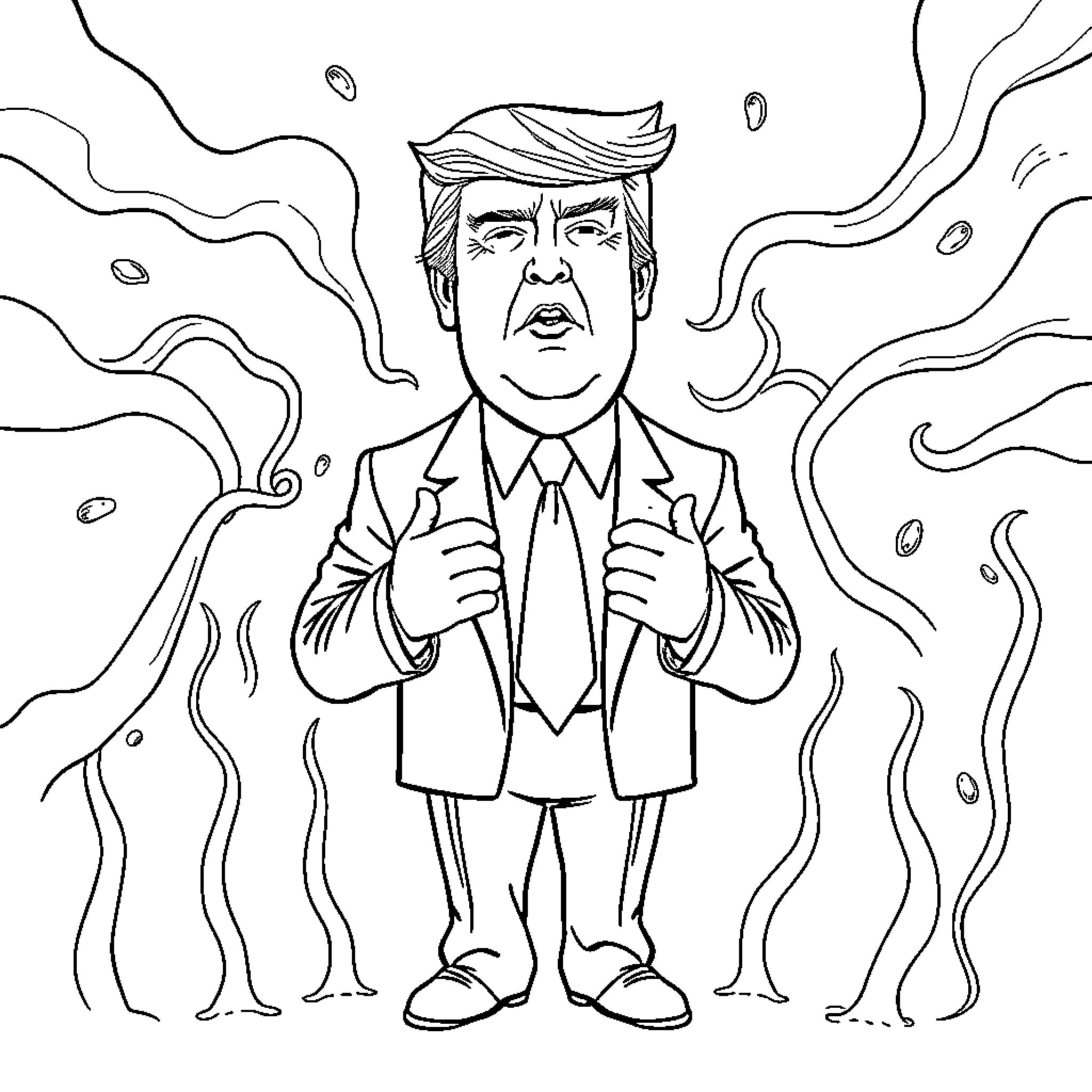 Donald Trump Facing Turbulent Winds of Controversy Coloring Page (free black-and-white line drawing printable PDF for all, from beginners to advanced learners, including children, teens, adults, and seniors)