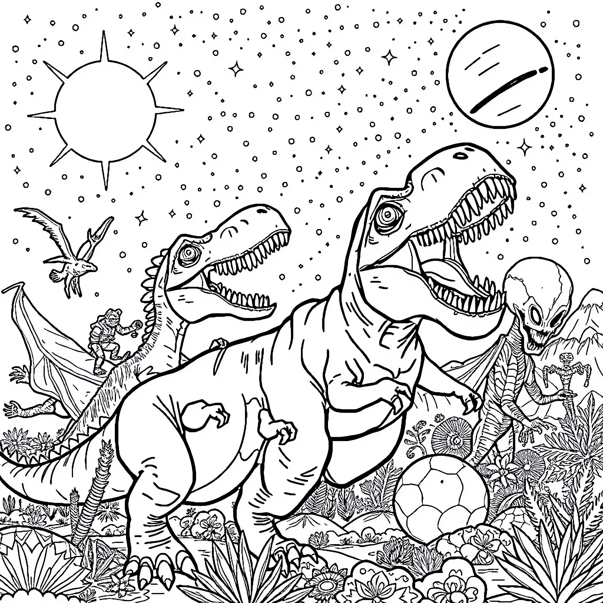 Dinosaurs exploring the prehistoric landscape Coloring Page (free black-and-white line drawing printable PDF for all, from beginners to advanced learners, including children, teens, adults, and seniors)