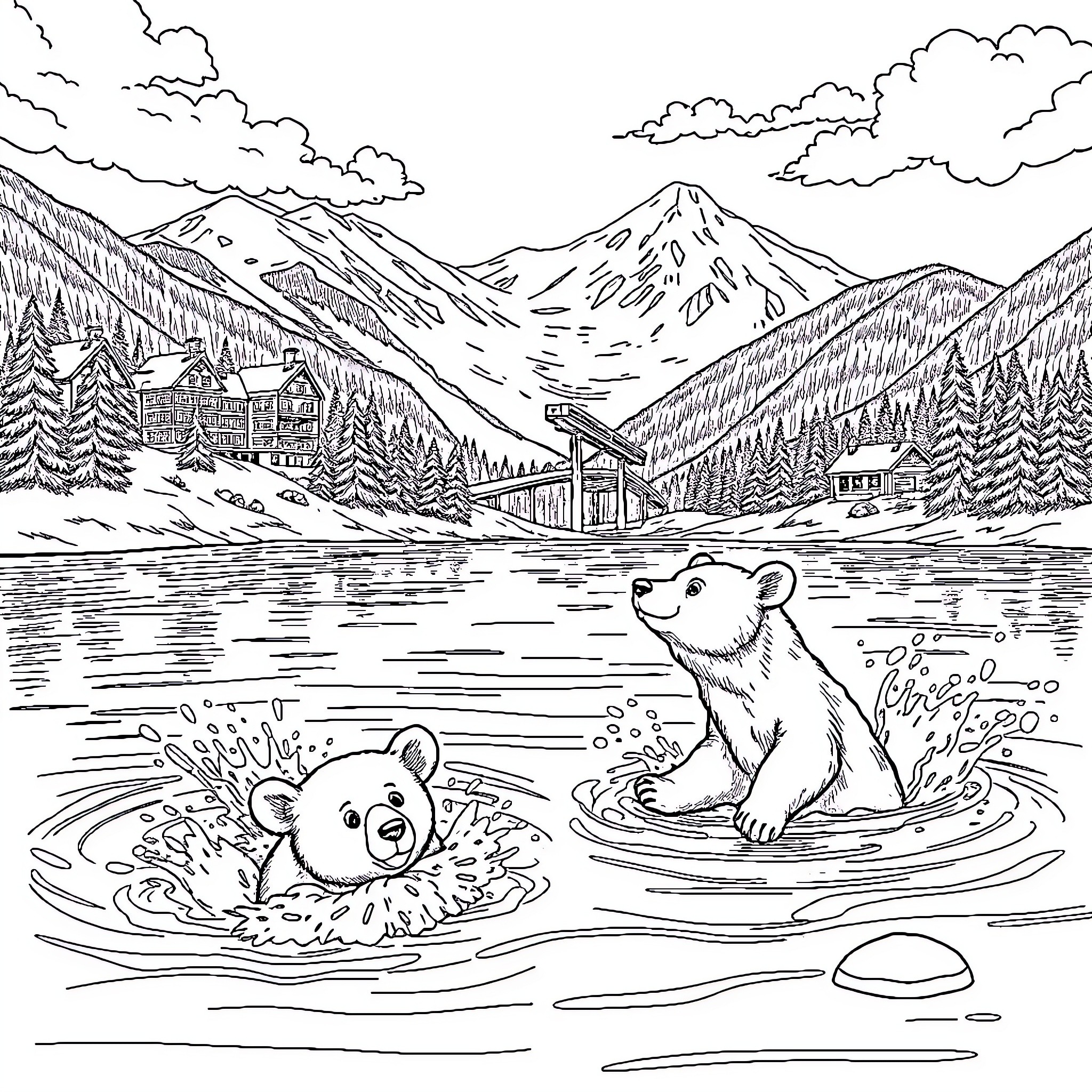 Bears playing in a scenic mountain lake Coloring Page (free black-and-white line drawing printable PDF for all, from beginners to advanced learners, including children, teens, adults, and seniors)