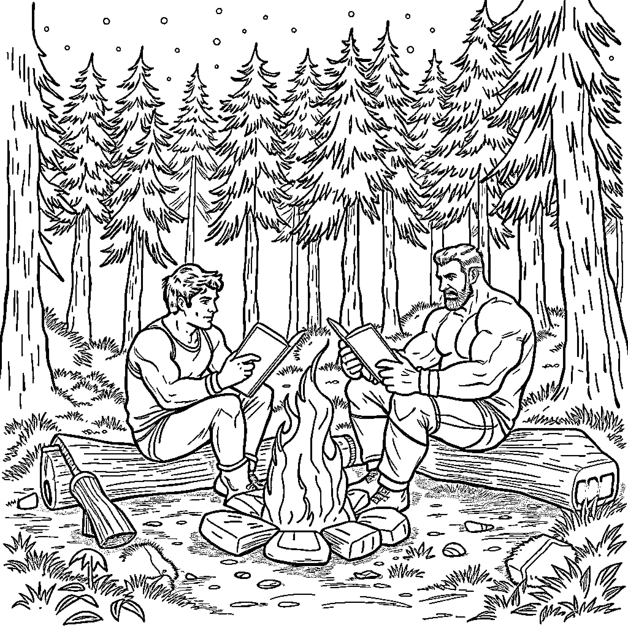 Rocky Mountain Camping Adventure Coloring Page (free black-and-white line drawing printable PDF for all, from beginners to advanced learners, including children, teens, adults, and seniors)