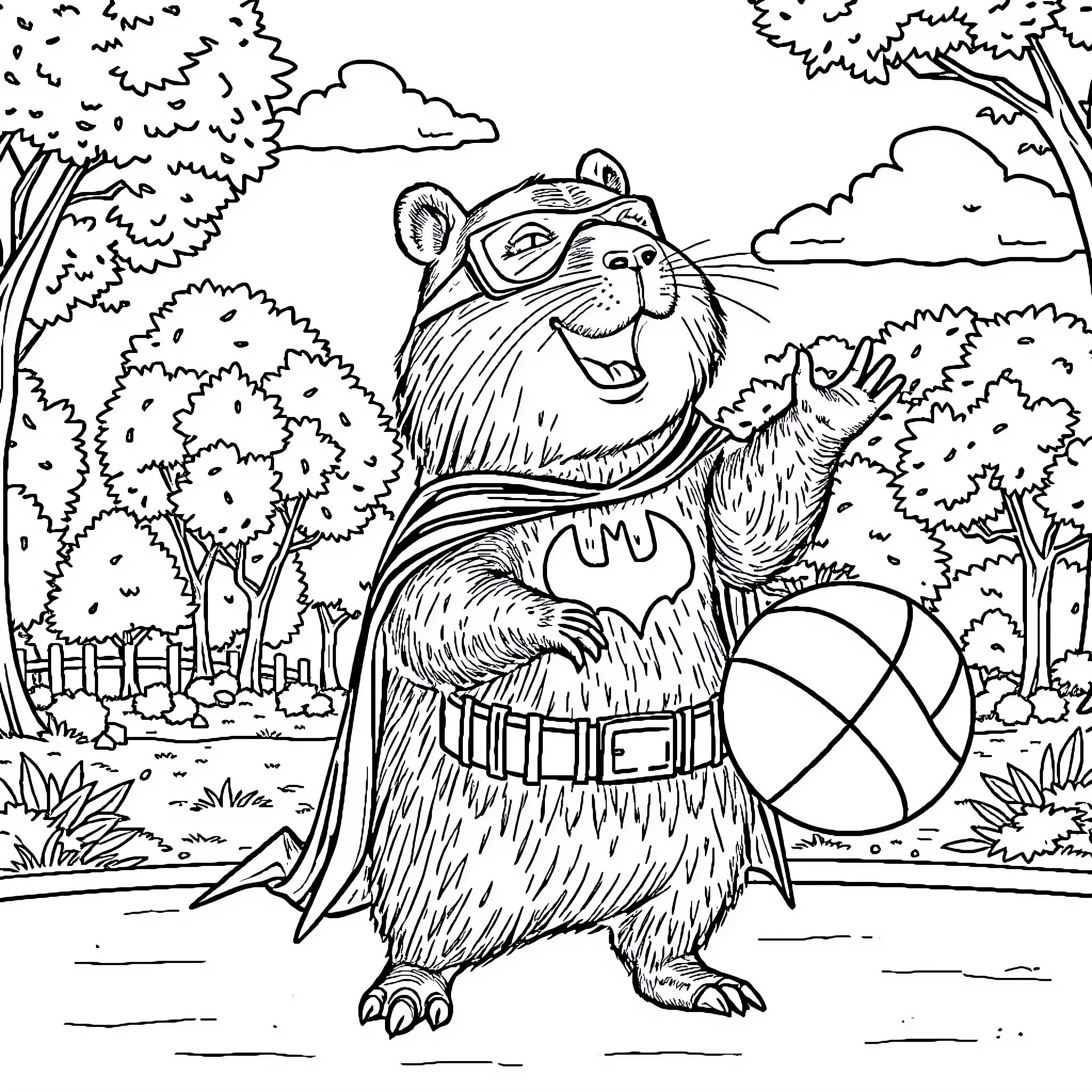 Capybara enjoying outdoor recreation with ball Coloring Page (free black-and-white line drawing printable PDF for all, from beginners to advanced learners, including children, teens, adults, and seniors)