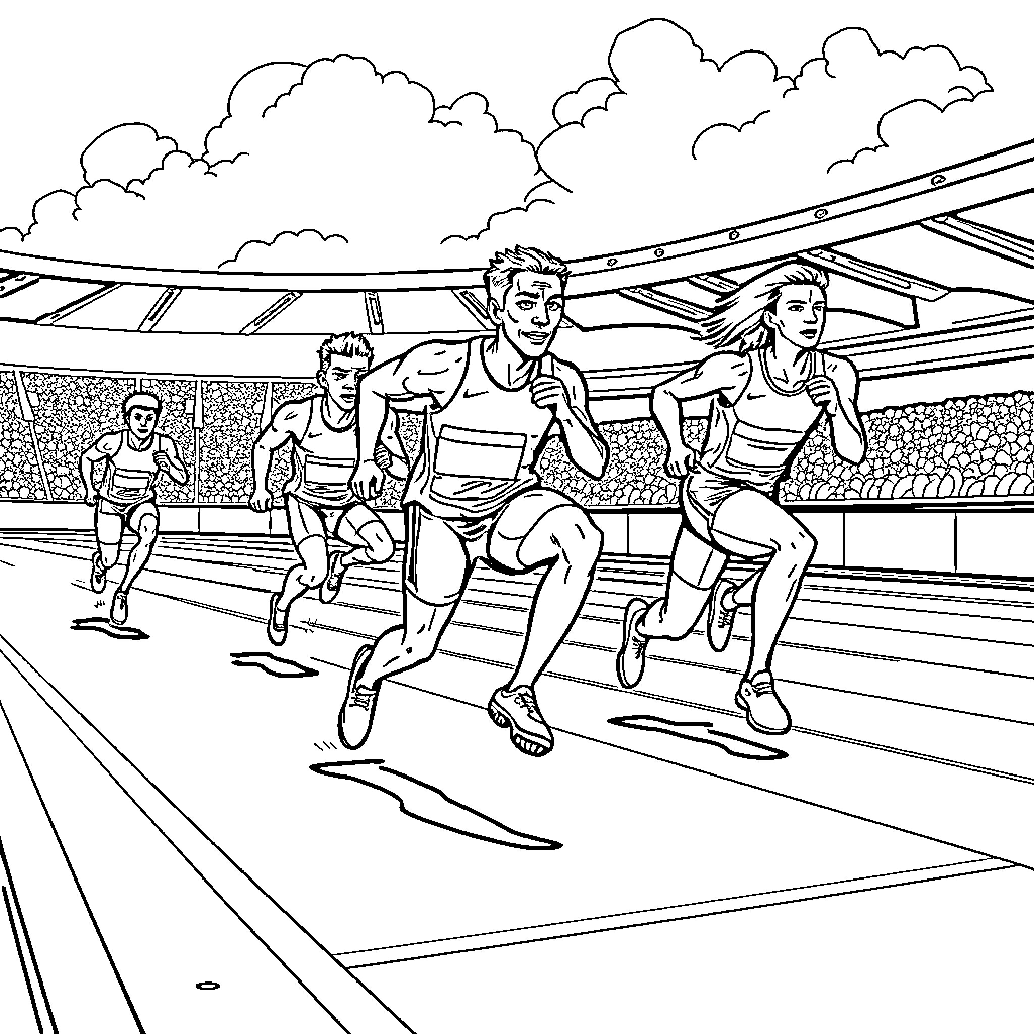 Athletes Competing in a Track and Field Event Coloring Page (free black-and-white line drawing printable PDF for all, from beginners to advanced learners, including children, teens, adults, and seniors)