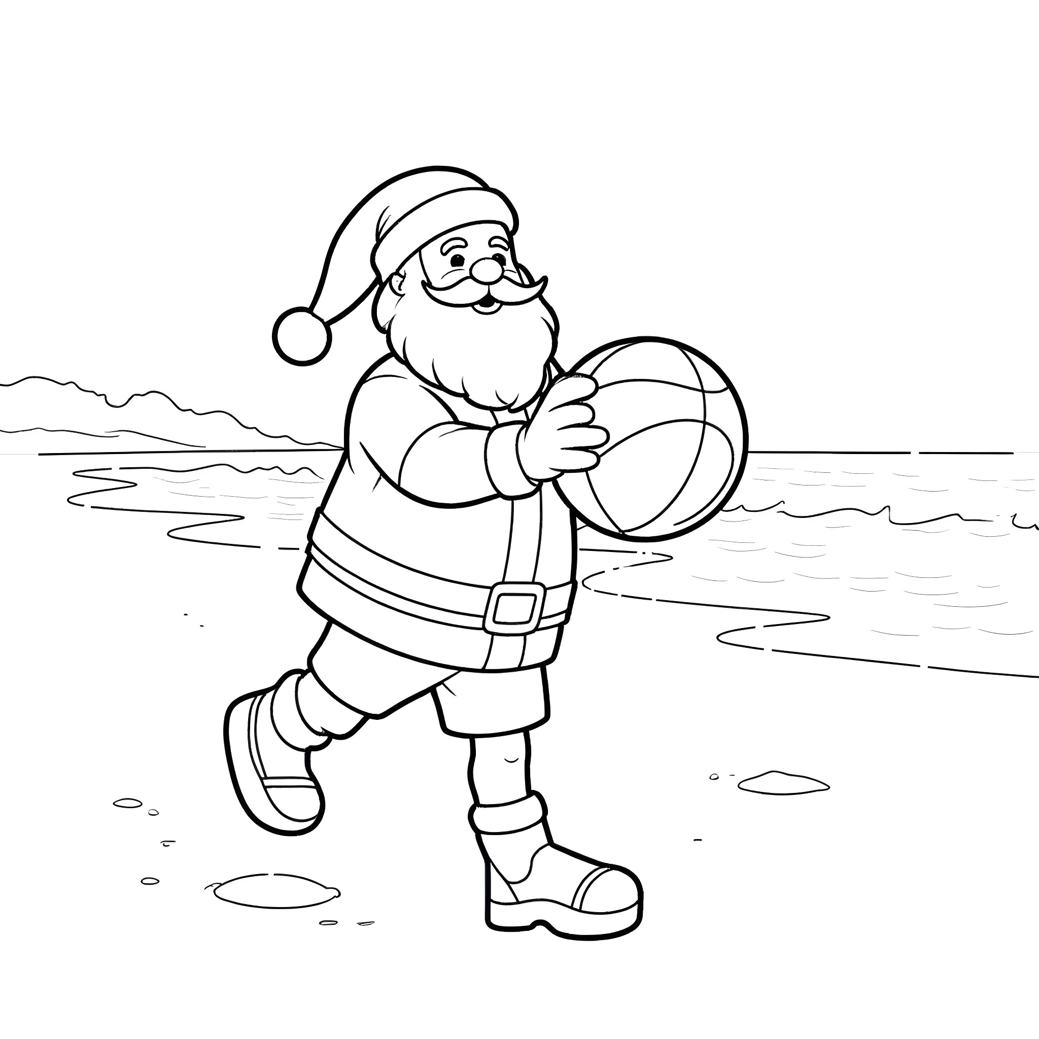 Santa playing with a ball on the snowy ground Coloring Page (free black-and-white line drawing printable PDF for all, from beginners to advanced learners, including children, teens, adults, and seniors)