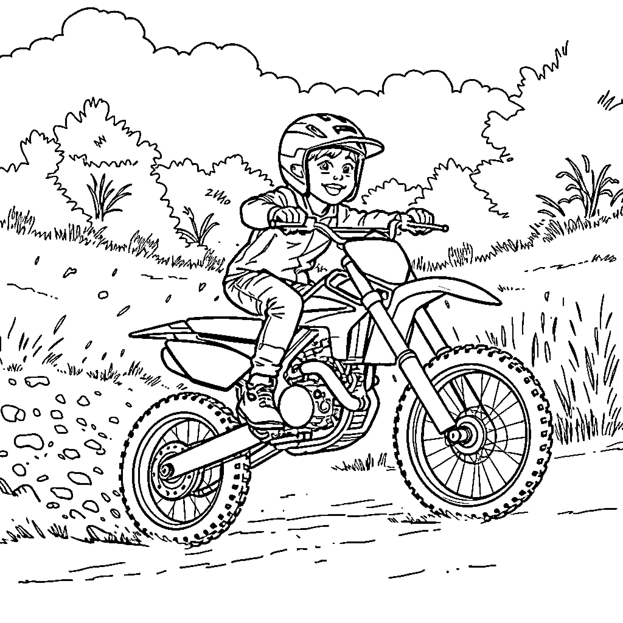 Kid riding dirt bike on rugged trail Coloring Page (free black-and-white line drawing printable PDF for all, from beginners to advanced learners, including children, teens, adults, and seniors)