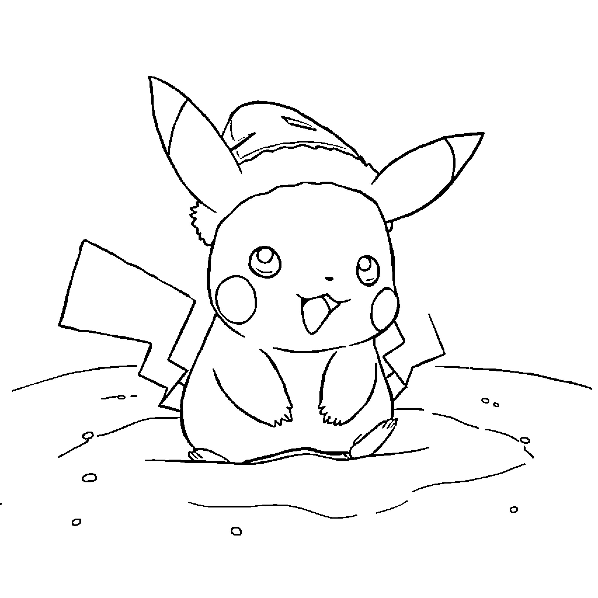 Pikachu playing happily in the field Coloring Page (free black-and-white line drawing printable PDF for all, from beginners to advanced learners, including children, teens, adults, and seniors)