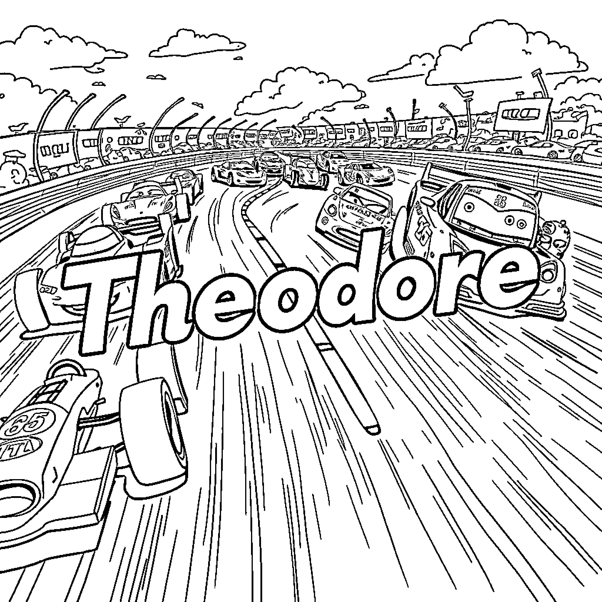 Theodore's Thrilling Automotive Adventure Coloring Page (free black-and-white line drawing printable PDF for all, from beginners to advanced learners, including children, teens, adults, and seniors)