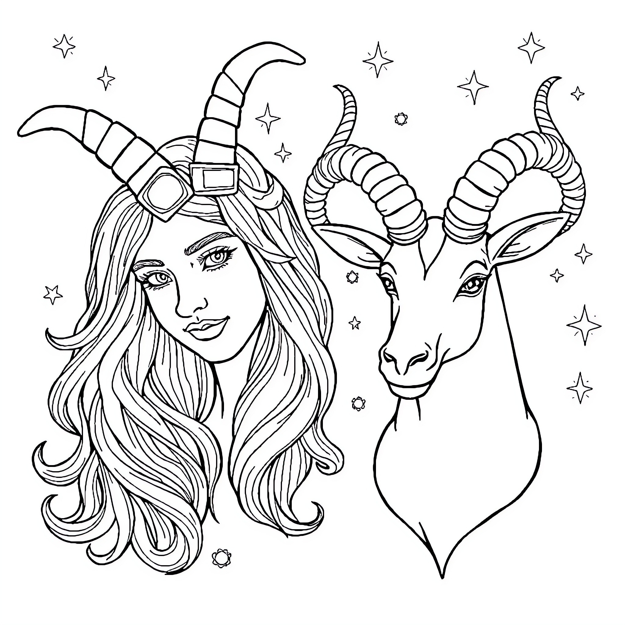 Aquarius woman and celestial goat amid stars Coloring Page (free black-and-white line drawing printable PDF for all, from beginners to advanced learners, including children, teens, adults, and seniors)