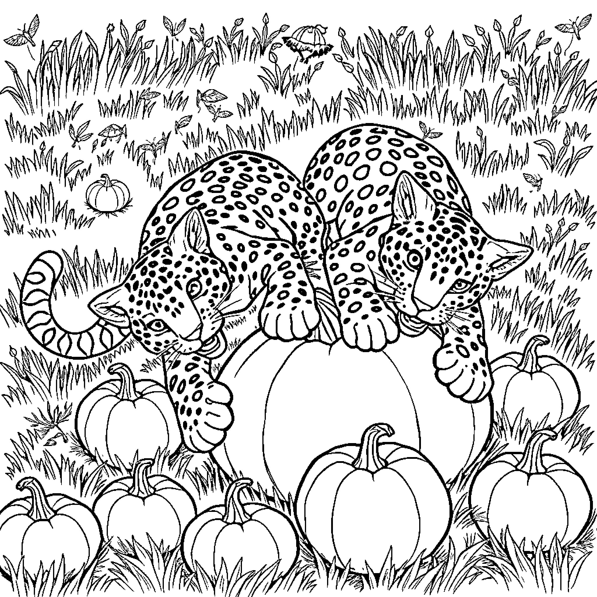 Jaguar exploring pumpkin patch Coloring Page (free black-and-white line drawing printable PDF for all, from beginners to advanced learners, including children, teens, adults, and seniors)