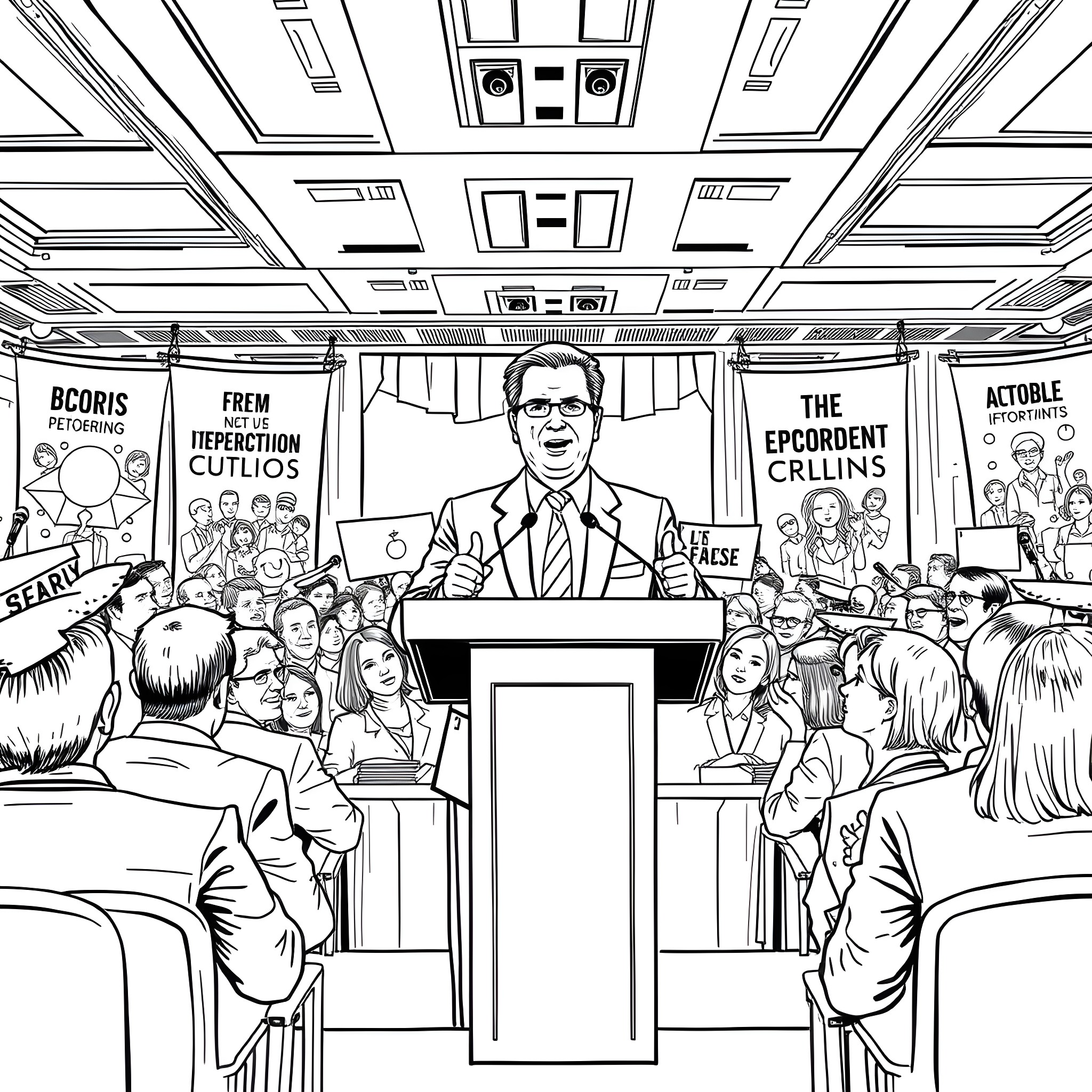 Scott Morrison speaking at a political event Coloring Page (free black-and-white line drawing printable PDF for all, from beginners to advanced learners, including children, teens, adults, and seniors)