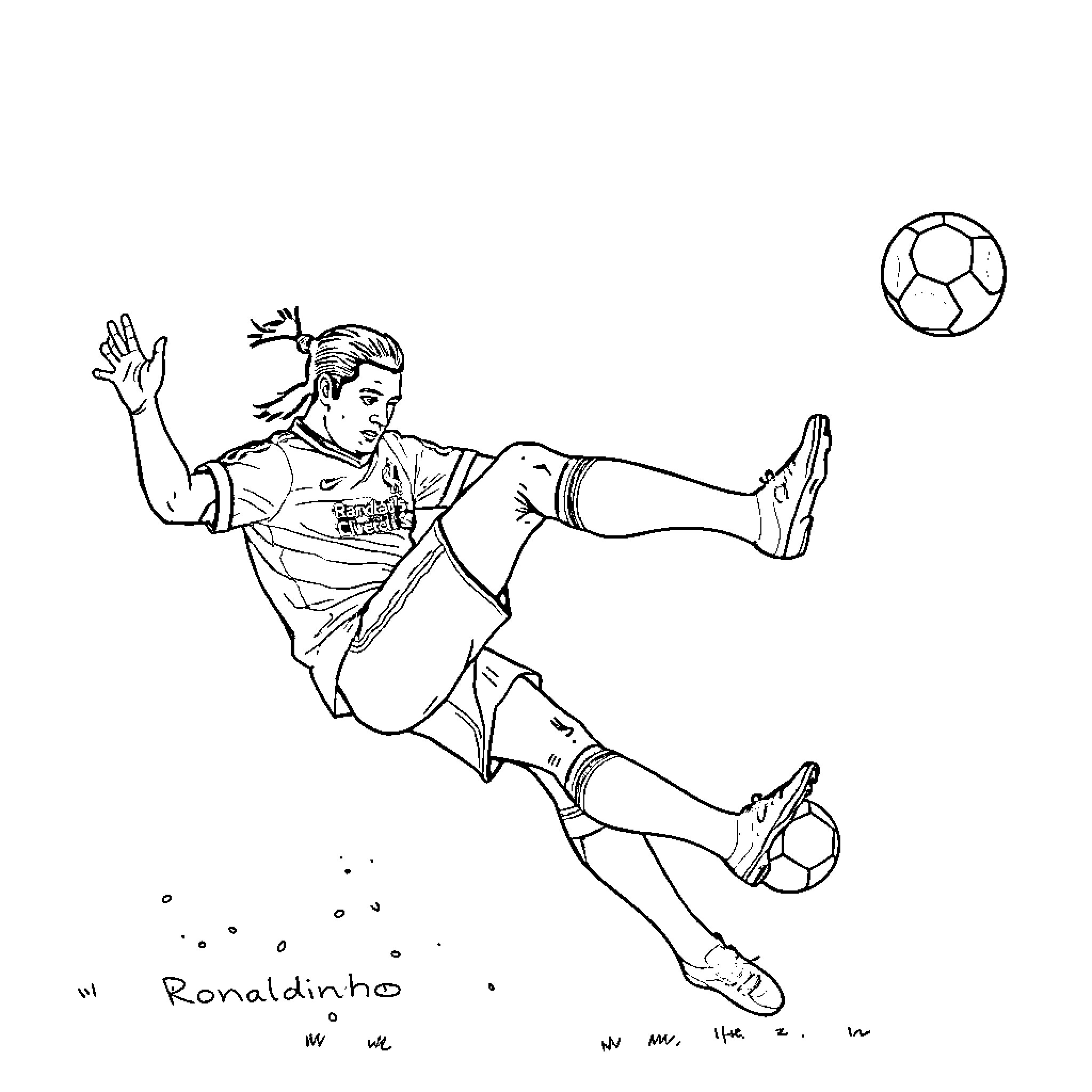 Ronaldinho's acrobatic soccer kick Coloring Page (free black-and-white line drawing printable PDF for all, from beginners to advanced learners, including children, teens, adults, and seniors)