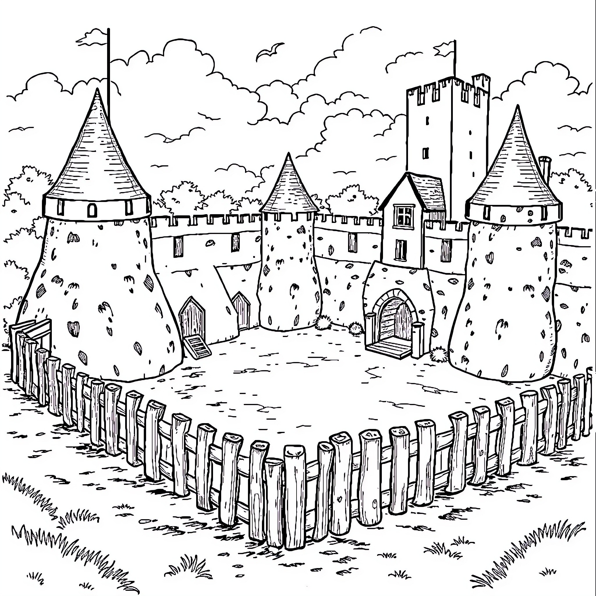 Castle with Towers and Turrets in Scenic Landscape Coloring Page (free black-and-white line drawing printable PDF for all, from beginners to advanced learners, including children, teens, adults, and seniors)