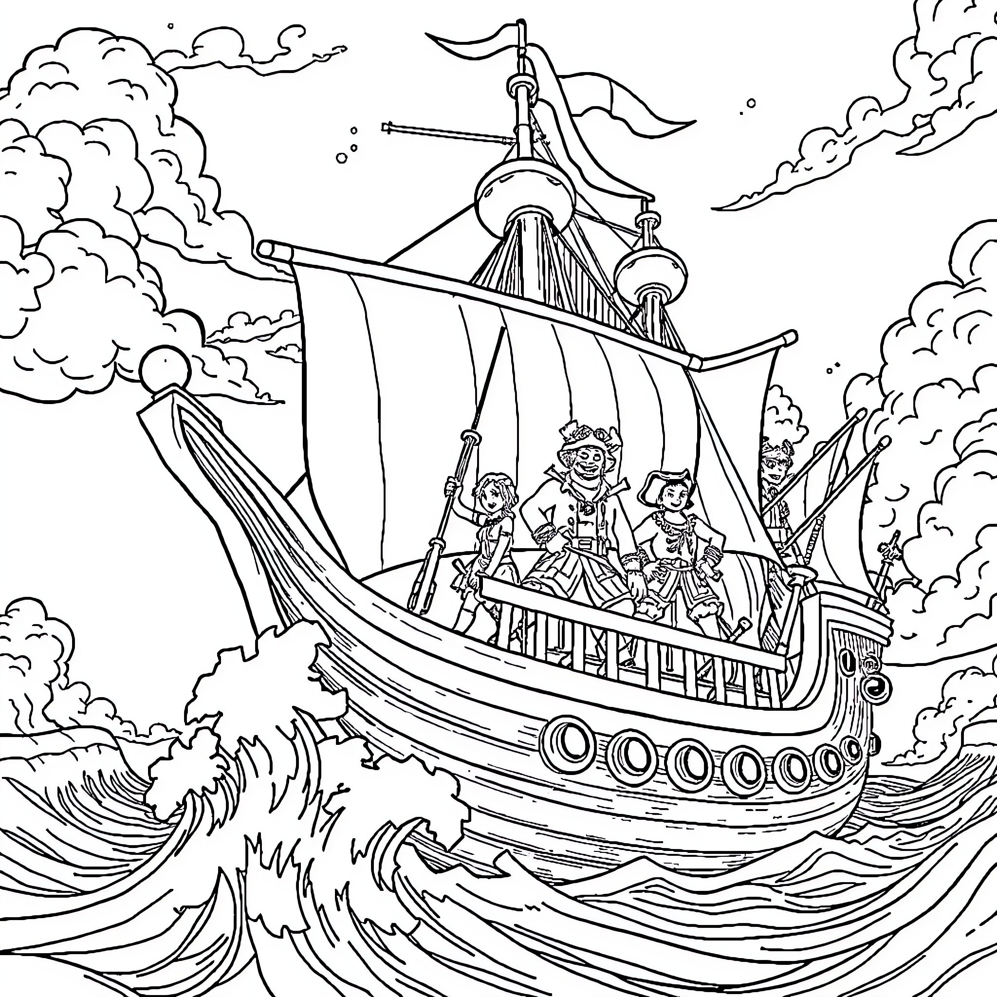One Piece Pirate Ship Sailing Through Stormy Seas Coloring Page (free black-and-white line drawing printable PDF for all, from beginners to advanced learners, including children, teens, adults, and seniors)