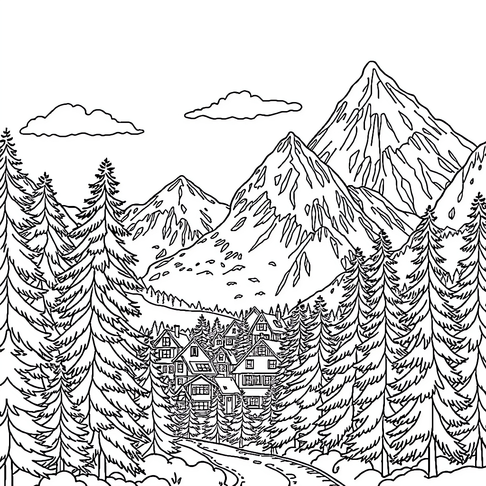 Vercorin: Serene Mountain Town in the Wilderness Coloring Page (free black-and-white line drawing printable PDF for all, from beginners to advanced learners, including children, teens, adults, and seniors)