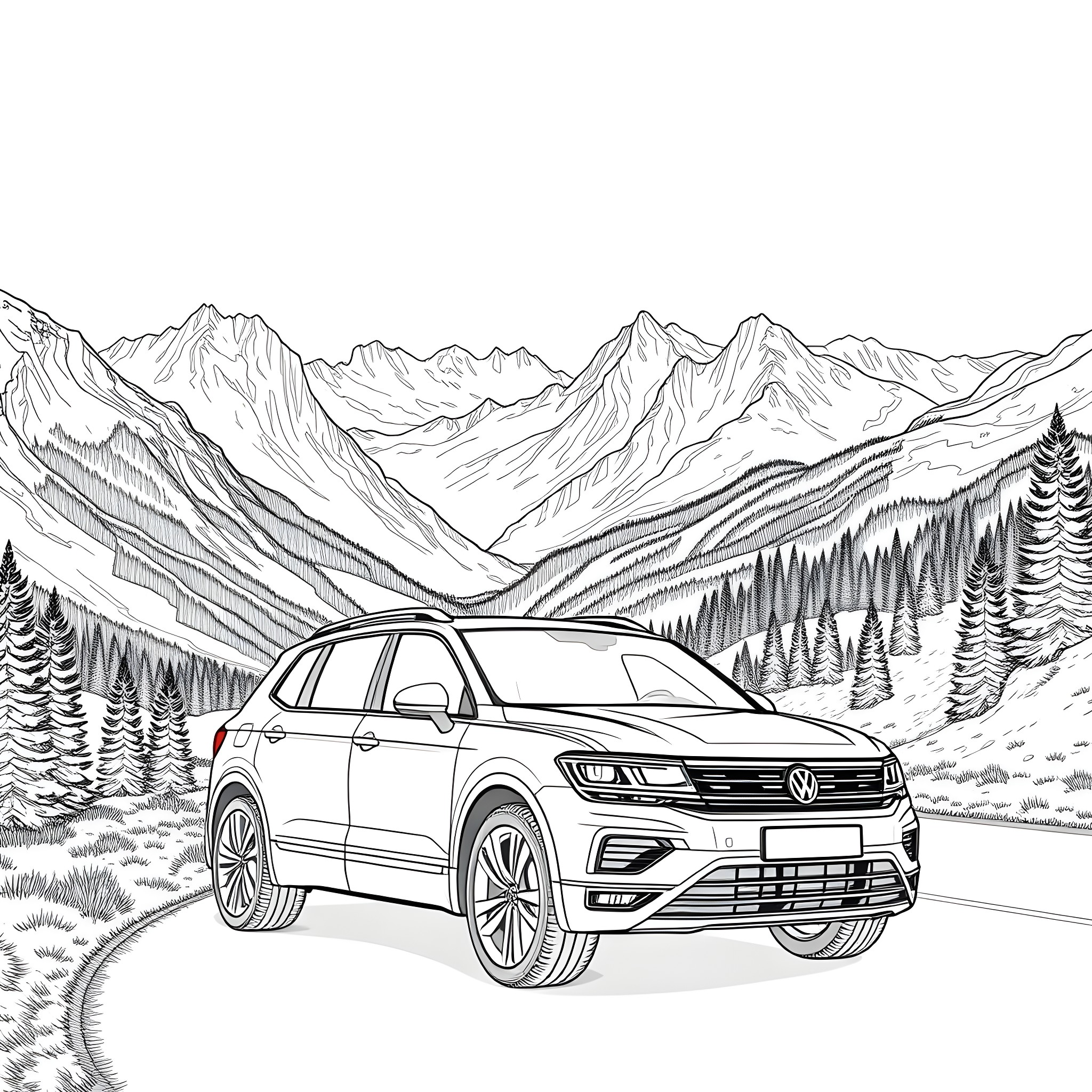 Tiguan Explores the Majestic Mountain Landscape Coloring Page (free black-and-white line drawing printable PDF for all, from beginners to advanced learners, including children, teens, adults, and seniors)