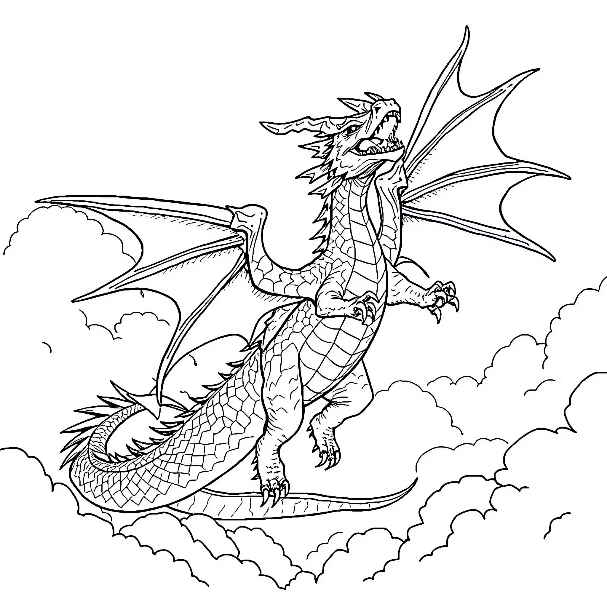 Dragon Soaring Through Cloudy Skies Coloring Page (free black-and-white line drawing printable PDF for all, from beginners to advanced learners, including children, teens, adults, and seniors)