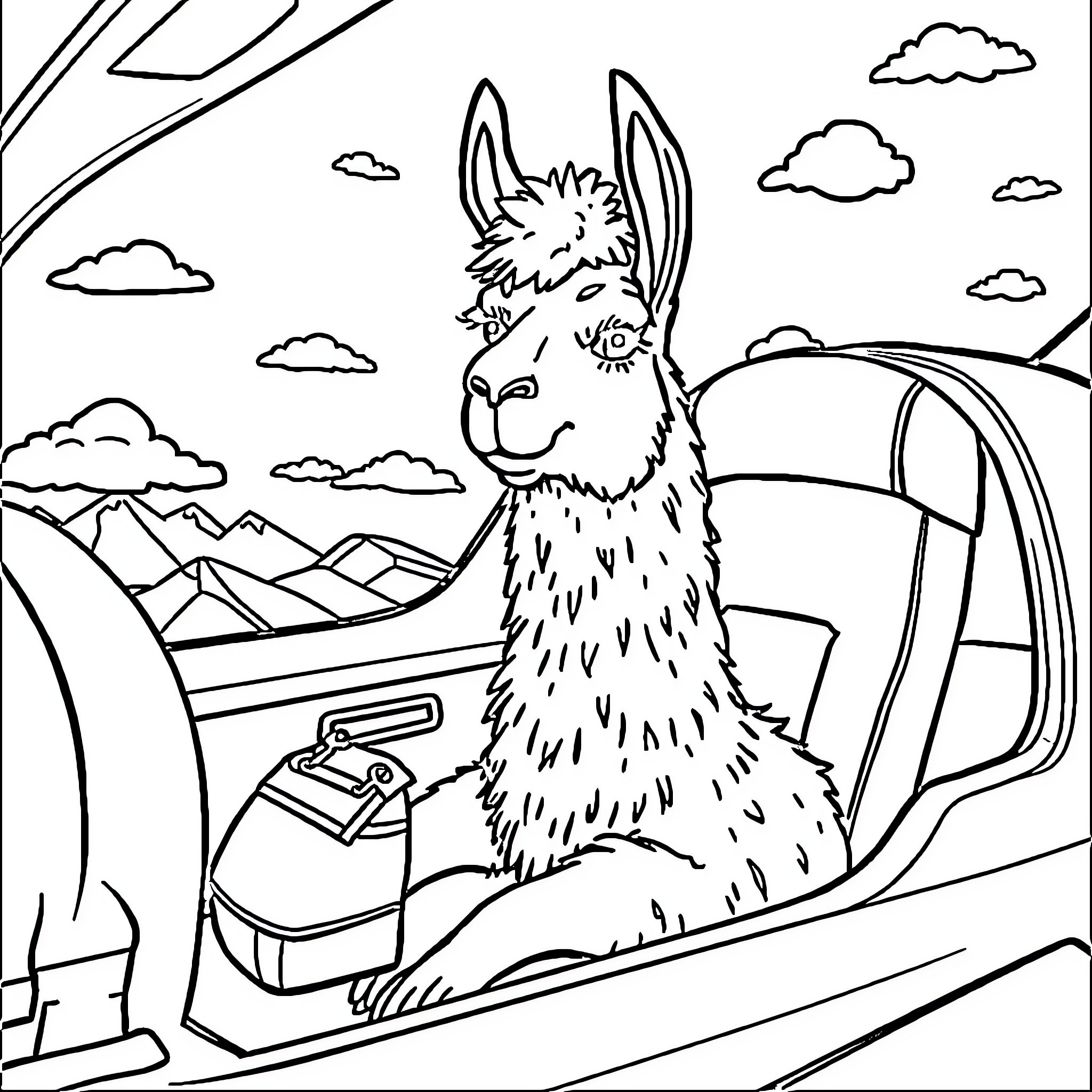 Miraculous Journey of a Furry Llama Explorer Coloring Page (free black-and-white line drawing printable PDF for all, from beginners to advanced learners, including children, teens, adults, and seniors)