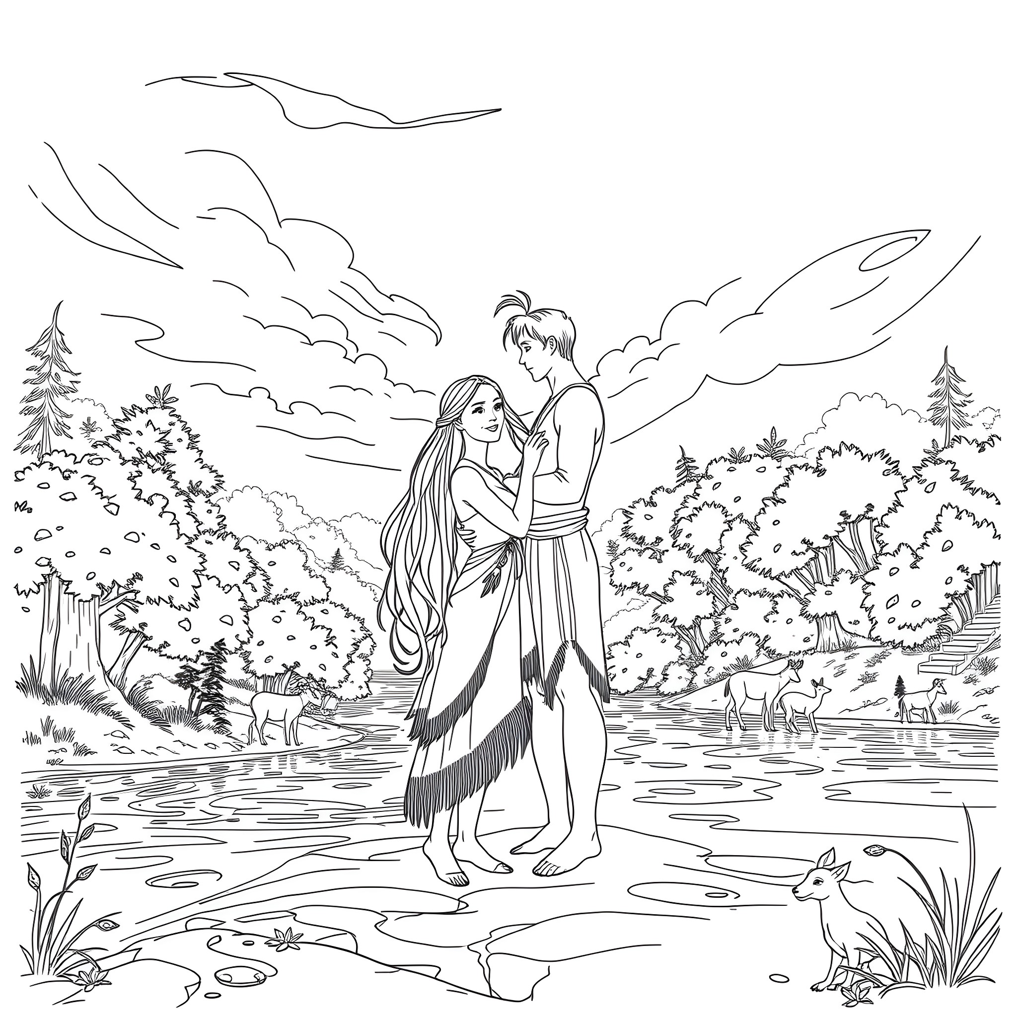 Pocahontas and John Smith in a romantic forest scene Coloring Page (free black-and-white line drawing printable PDF for all, from beginners to advanced learners, including children, teens, adults, and seniors)