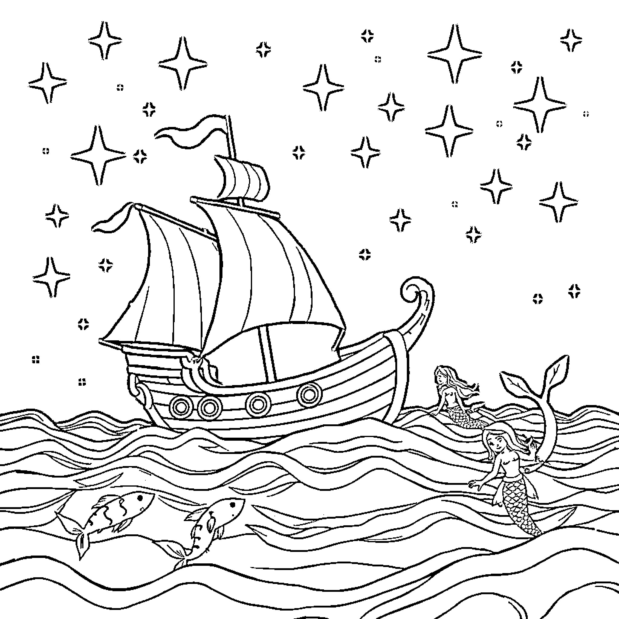 Pirate Boat Sailing with Mermaid and Sea Creatures Coloring Page (free black-and-white line drawing printable PDF for all, from beginners to advanced learners, including children, teens, adults, and seniors)