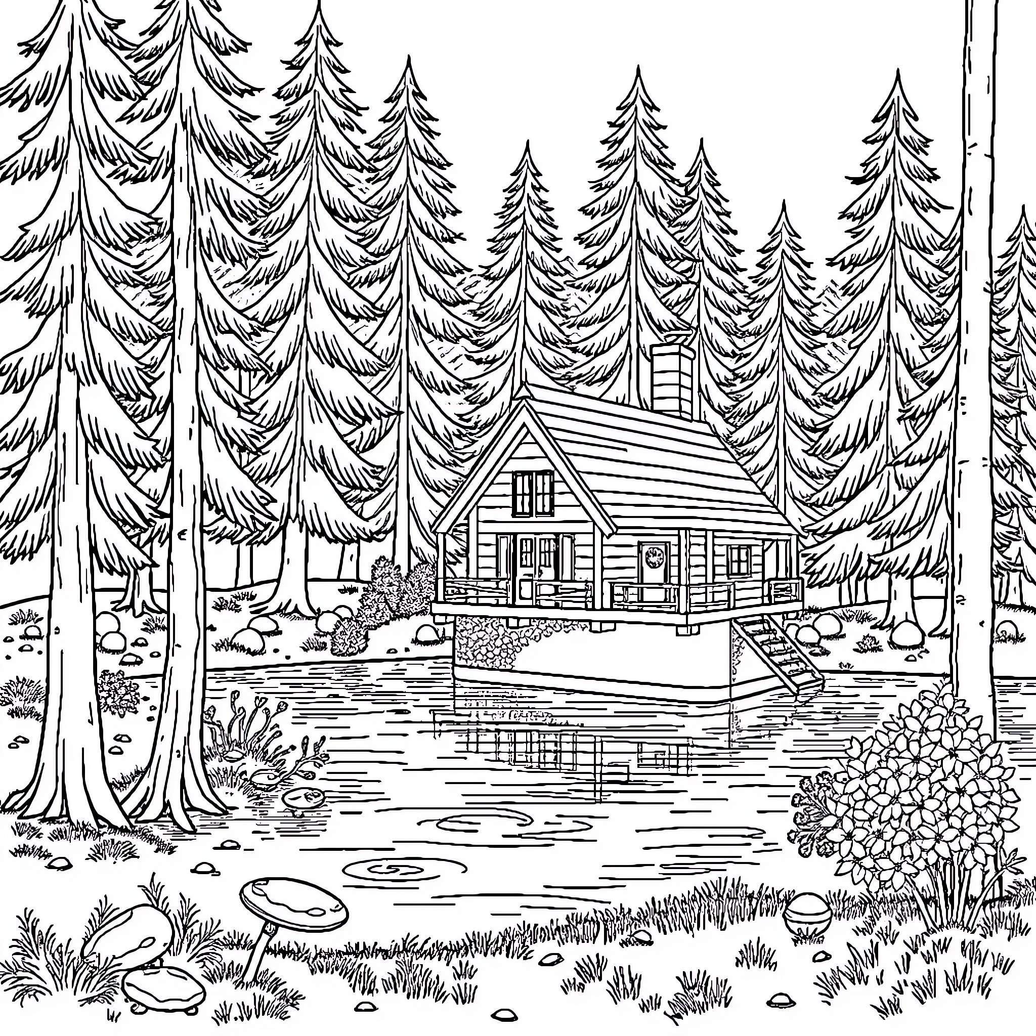 Cottage in the Tranquil Forest Landscape Coloring Page (free black-and-white line drawing printable PDF for all, from beginners to advanced learners, including children, teens, adults, and seniors)