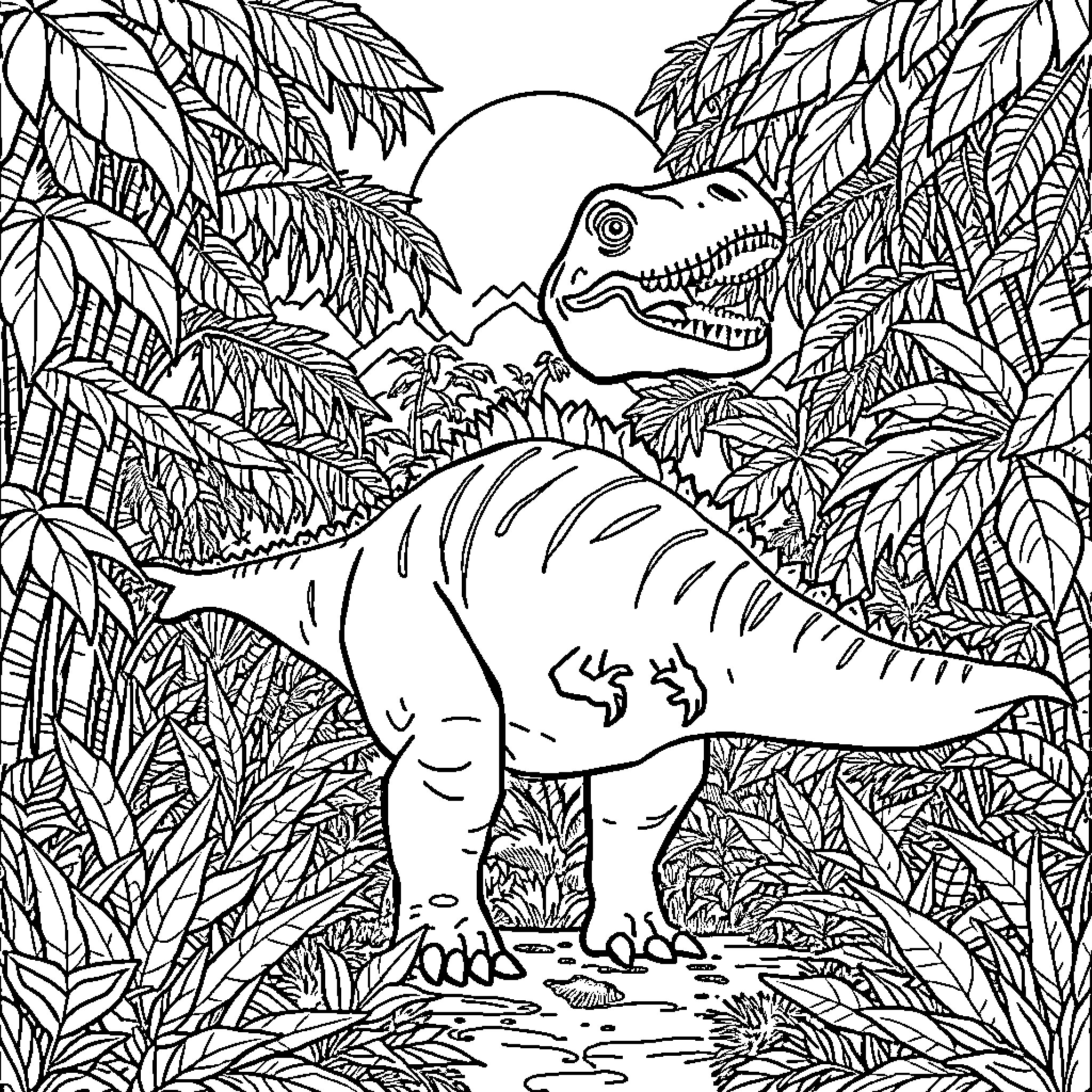 Dinosaur in the lush jungle landscape Coloring Page (free black-and-white line drawing printable PDF for all, from beginners to advanced learners, including children, teens, adults, and seniors)