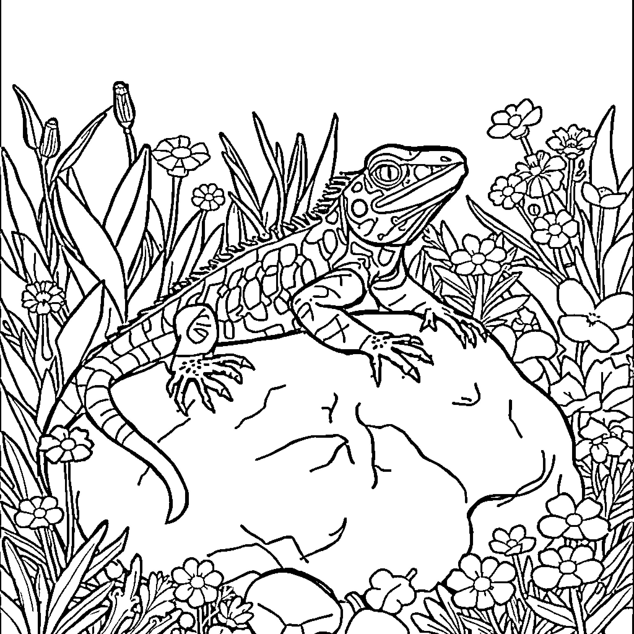 Lizard exploring a vibrant floral landscape Coloring Page (free black-and-white line drawing printable PDF for all, from beginners to advanced learners, including children, teens, adults, and seniors)