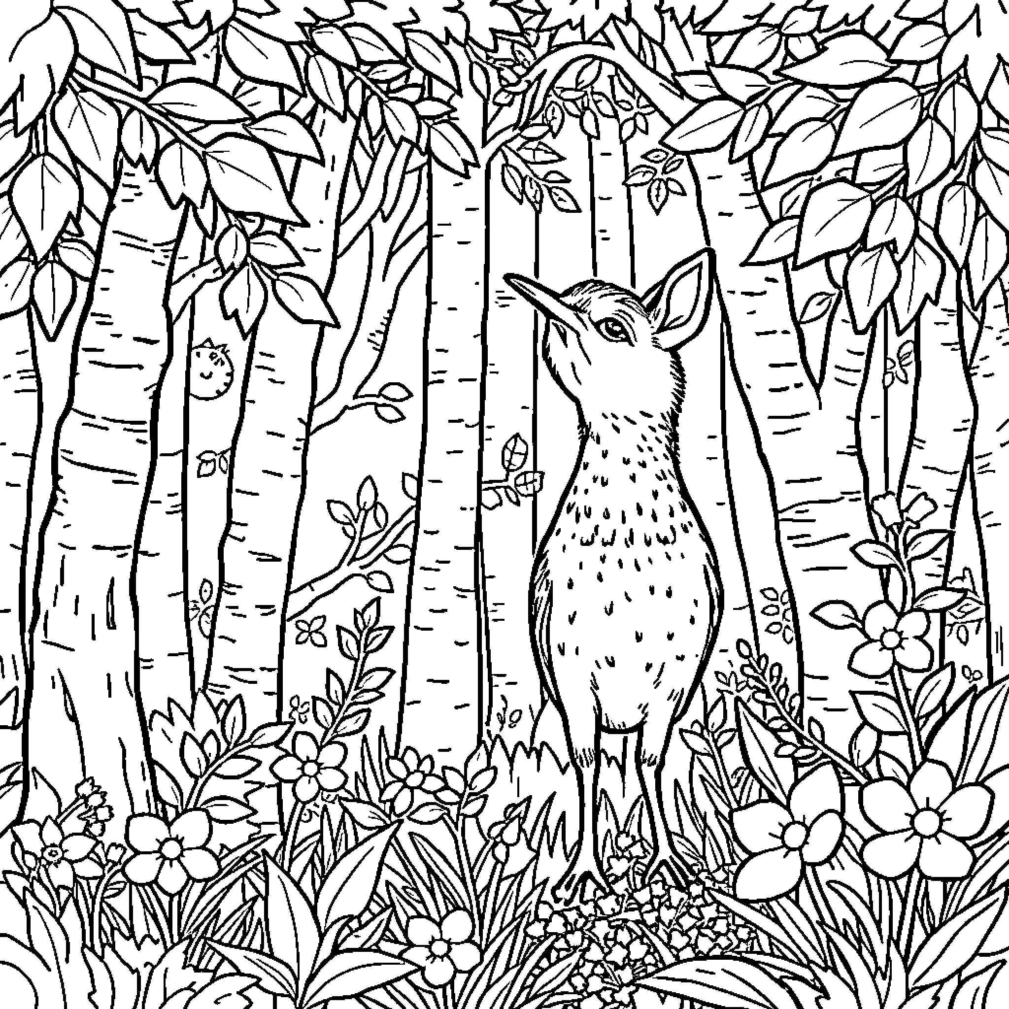 Doe amidst the woodland blooms and foliage Coloring Page (free black-and-white line drawing printable PDF for all, from beginners to advanced learners, including children, teens, adults, and seniors)