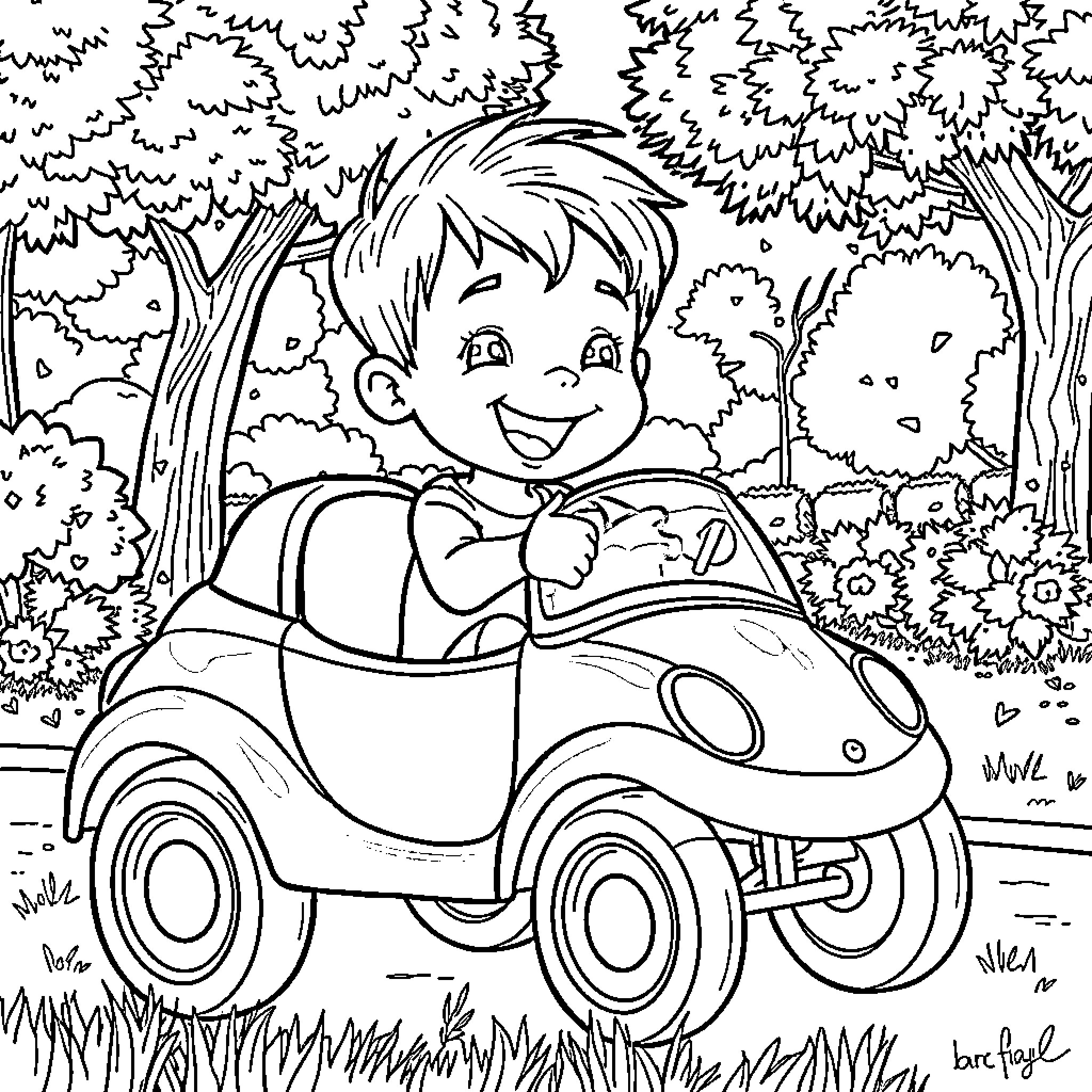 Niño playing happily in toy car in the park Coloring Page (free black-and-white line drawing printable PDF for all, from beginners to advanced learners, including children, teens, adults, and seniors)