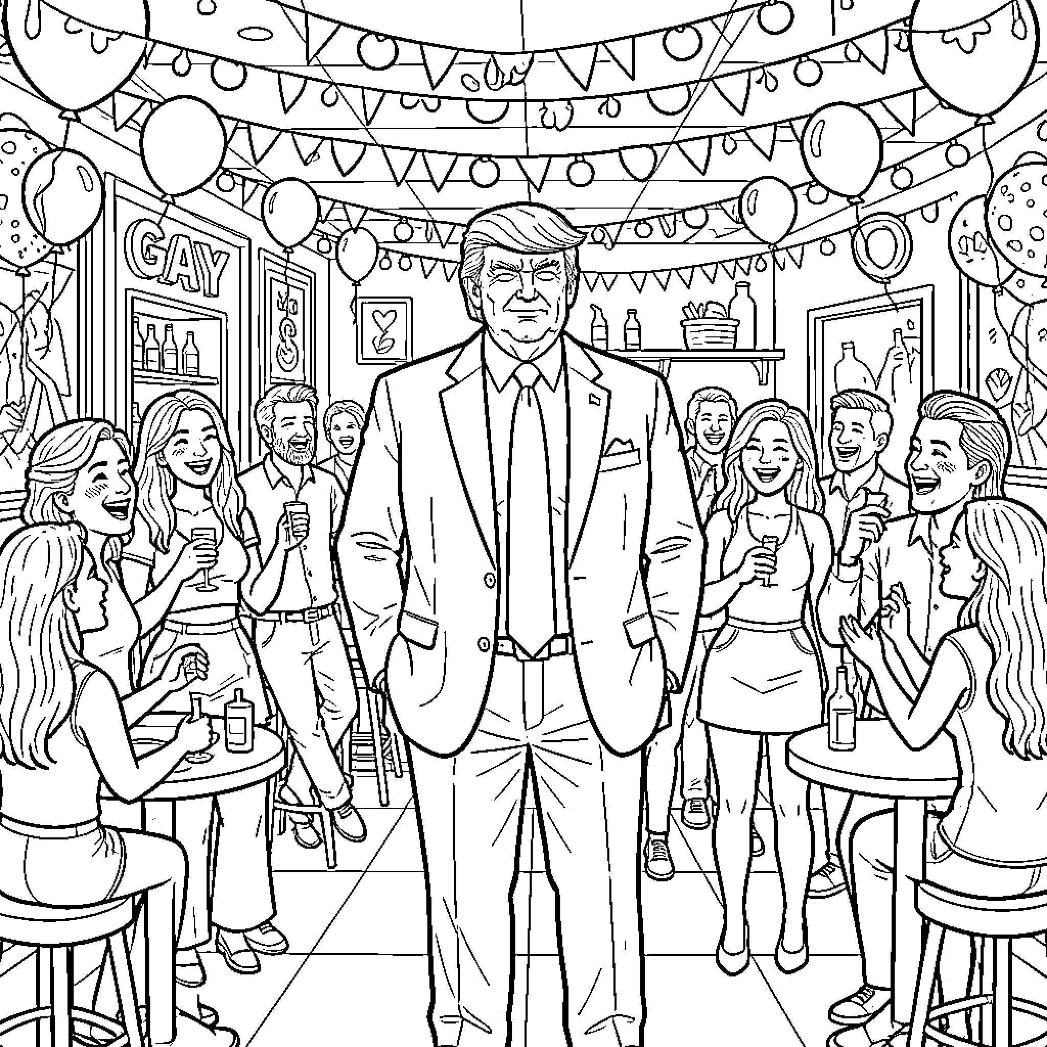 Donald Trump in a festive party scene Coloring Page (free black-and-white line drawing printable PDF for all, from beginners to advanced learners, including children, teens, adults, and seniors)