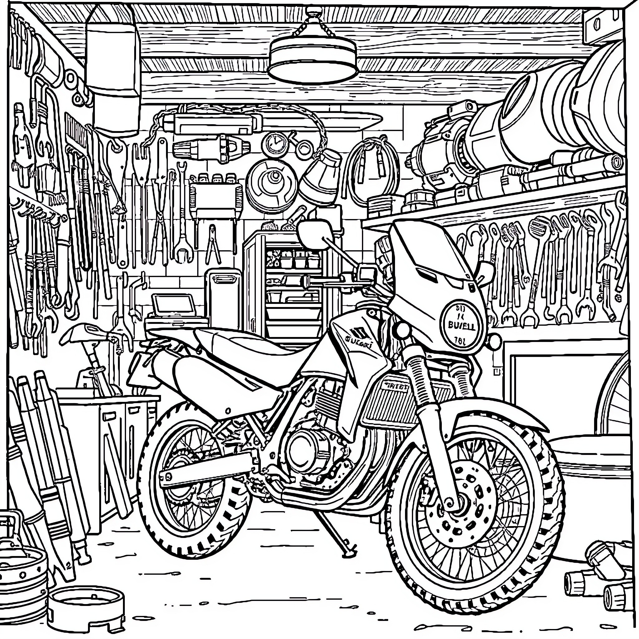 Motorcycle in a cluttered garage workshop Coloring Page (free black-and-white line drawing printable PDF for all, from beginners to advanced learners, including children, teens, adults, and seniors)