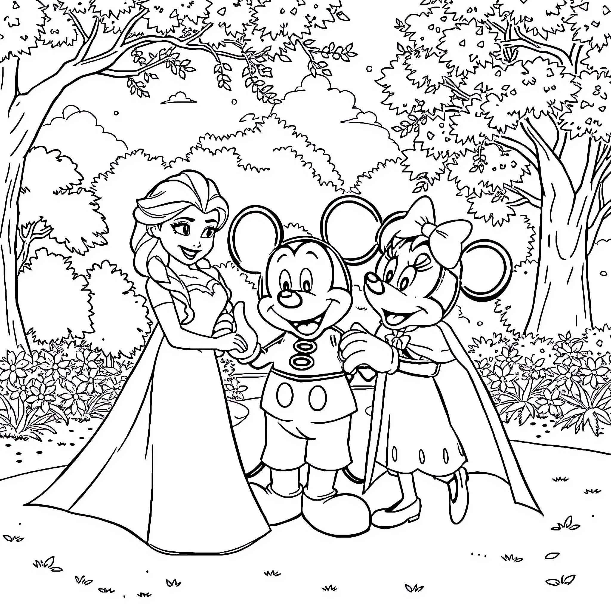 Elsa's Magical Adventure with Mickey and Friends Coloring Page (free black-and-white line drawing printable PDF for all, from beginners to advanced learners, including children, teens, adults, and seniors)