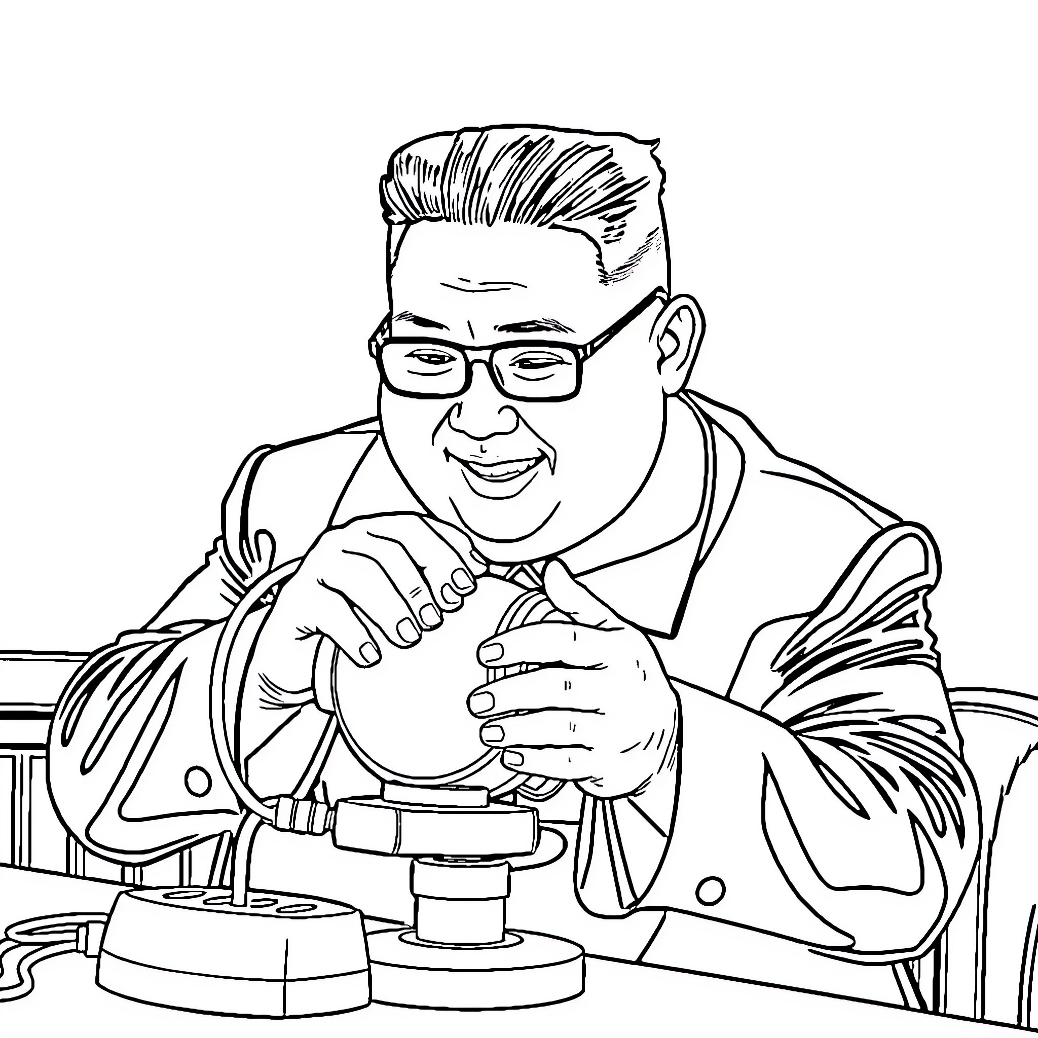 Kim Jong Un Engrossed in Work at Desk Coloring Page (free black-and-white line drawing printable PDF for all, from beginners to advanced learners, including children, teens, adults, and seniors)