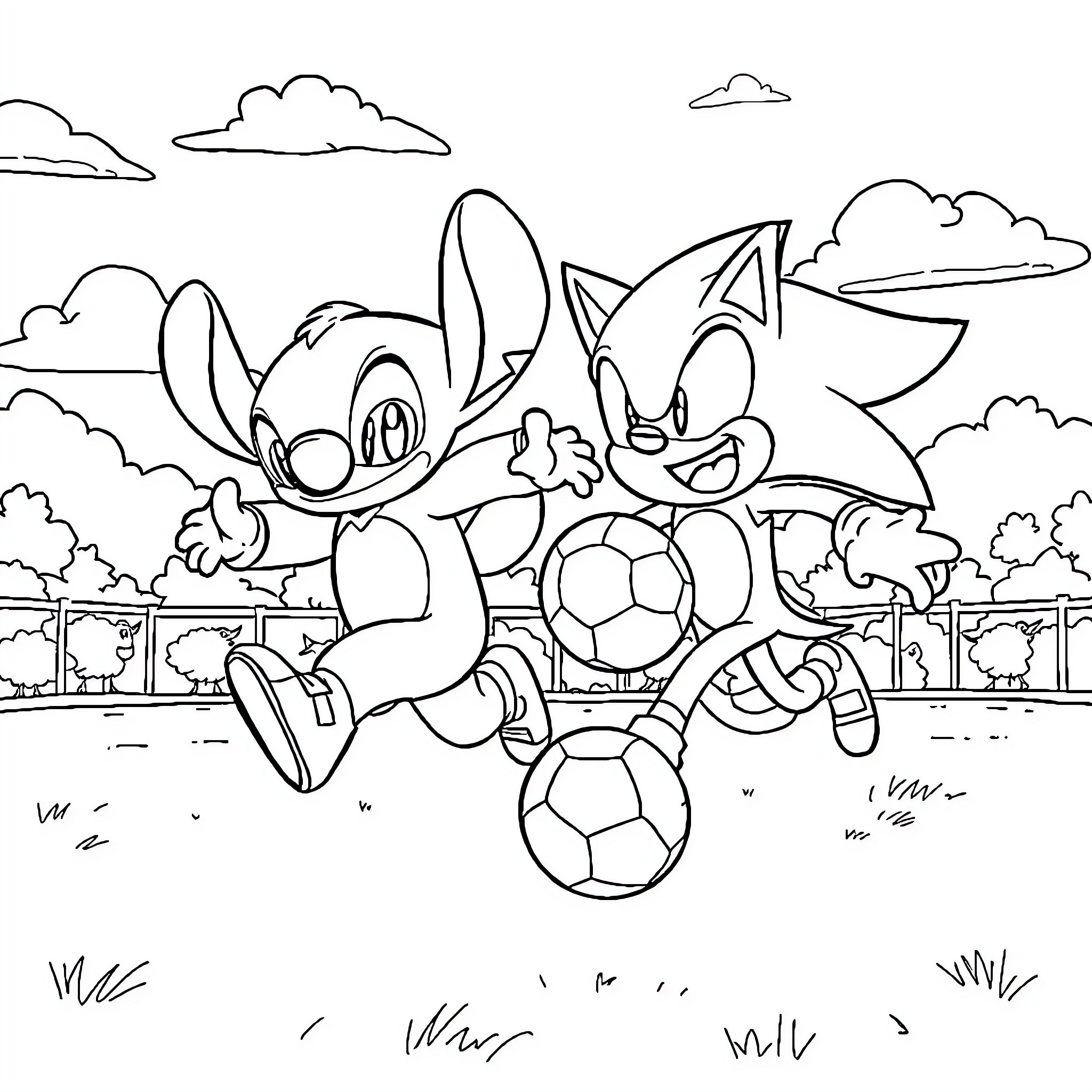Stitch and Sonic kicking soccer balls in the park Coloring Page (free black-and-white line drawing printable PDF for all, from beginners to advanced learners, including children, teens, adults, and seniors)