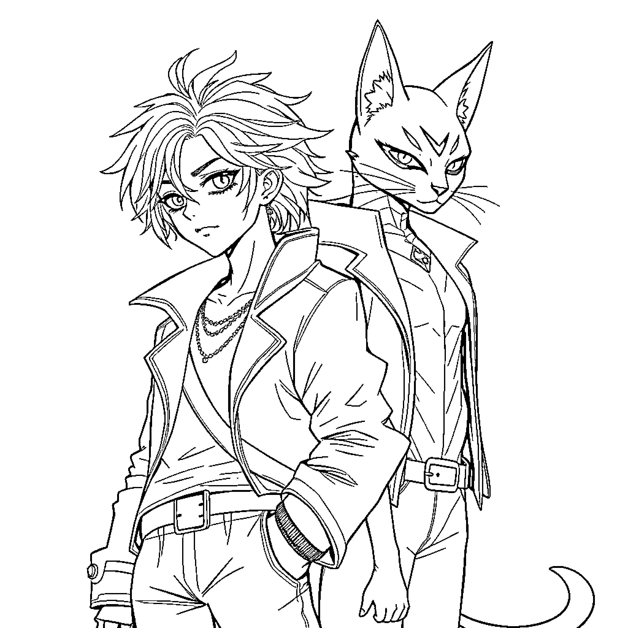 Demon Hunter with Companion Cat Creature Coloring Page (free black-and-white line drawing printable PDF for all, from beginners to advanced learners, including children, teens, adults, and seniors)