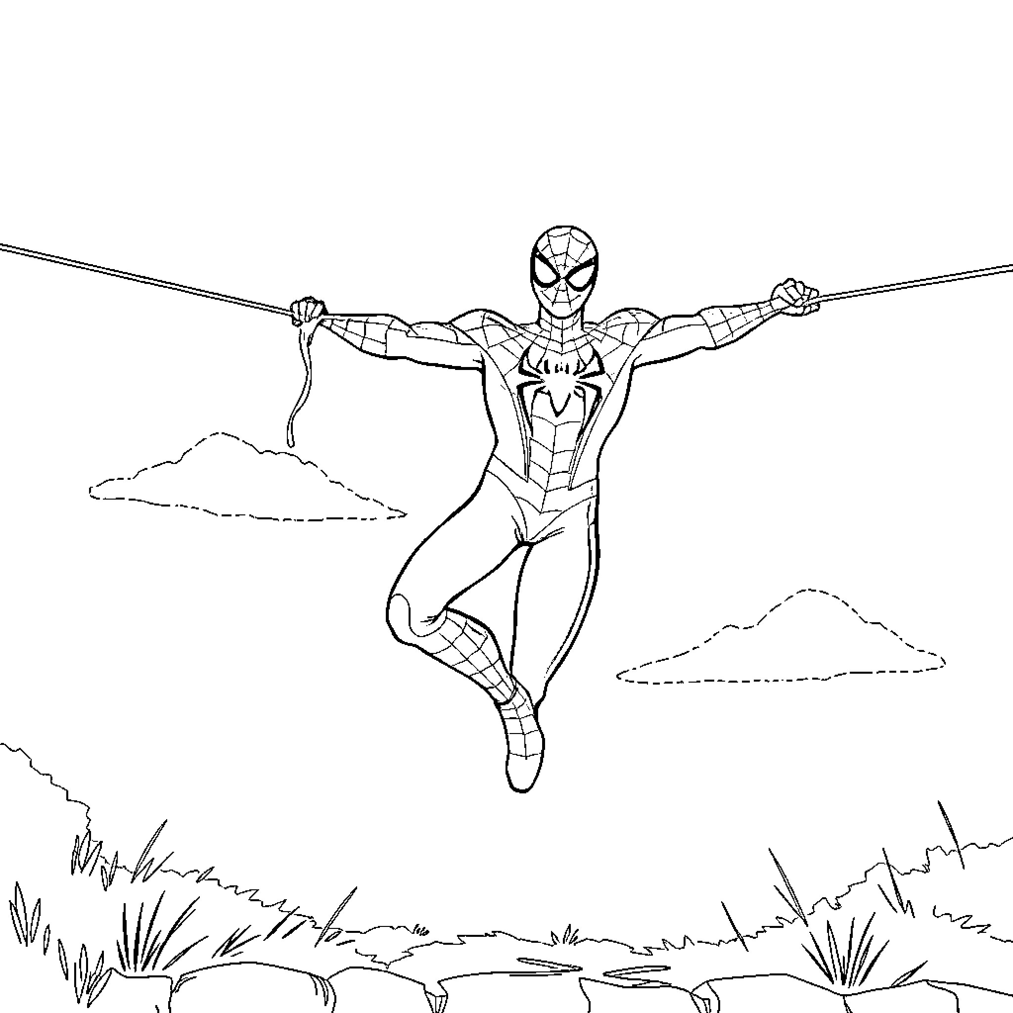 Spiderman swinging above the city Coloring Page (free black-and-white line drawing printable PDF for all, from beginners to advanced learners, including children, teens, adults, and seniors)