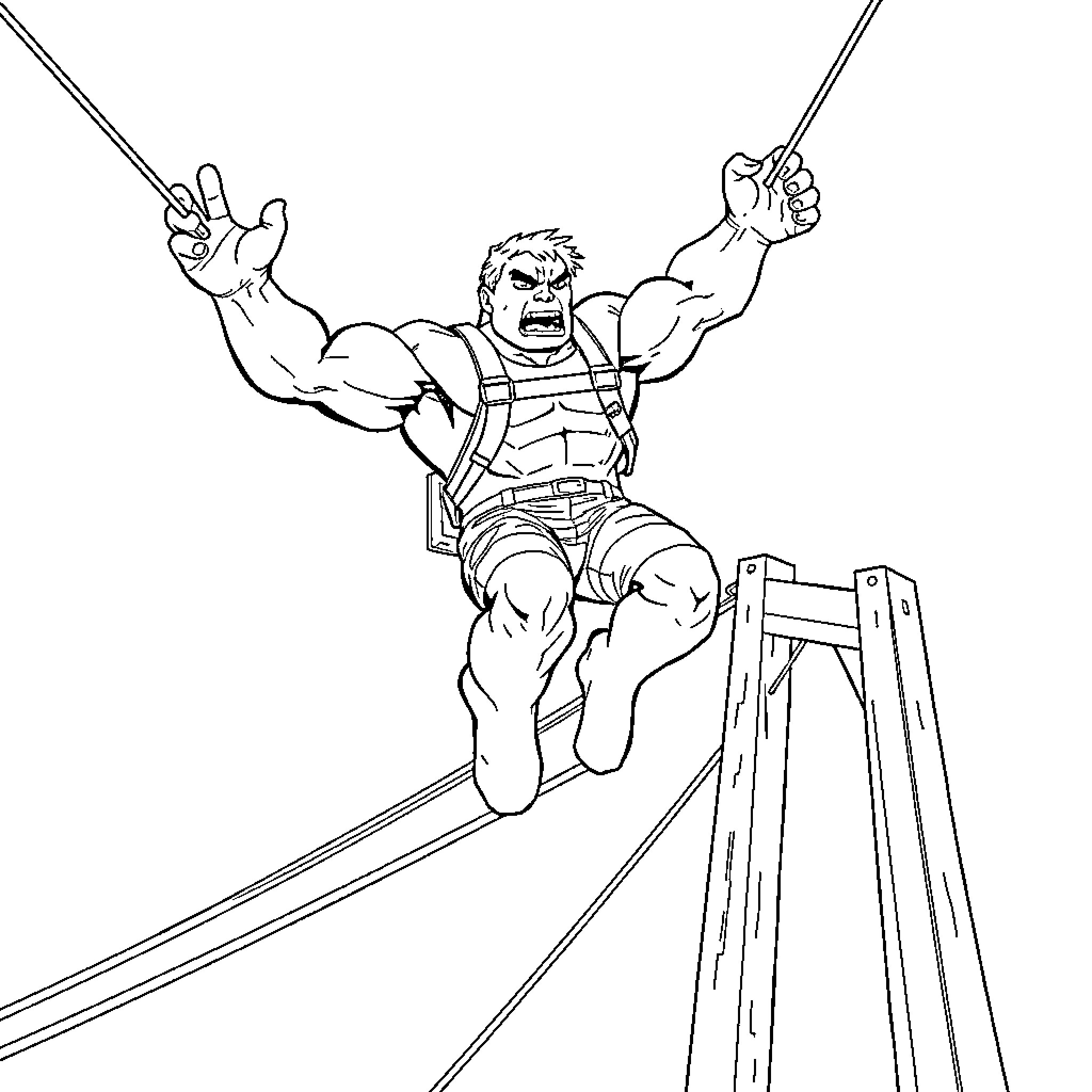 Hulk Swinging in Action with Intense Expression Coloring Page (free black-and-white line drawing printable PDF for all, from beginners to advanced learners, including children, teens, adults, and seniors)