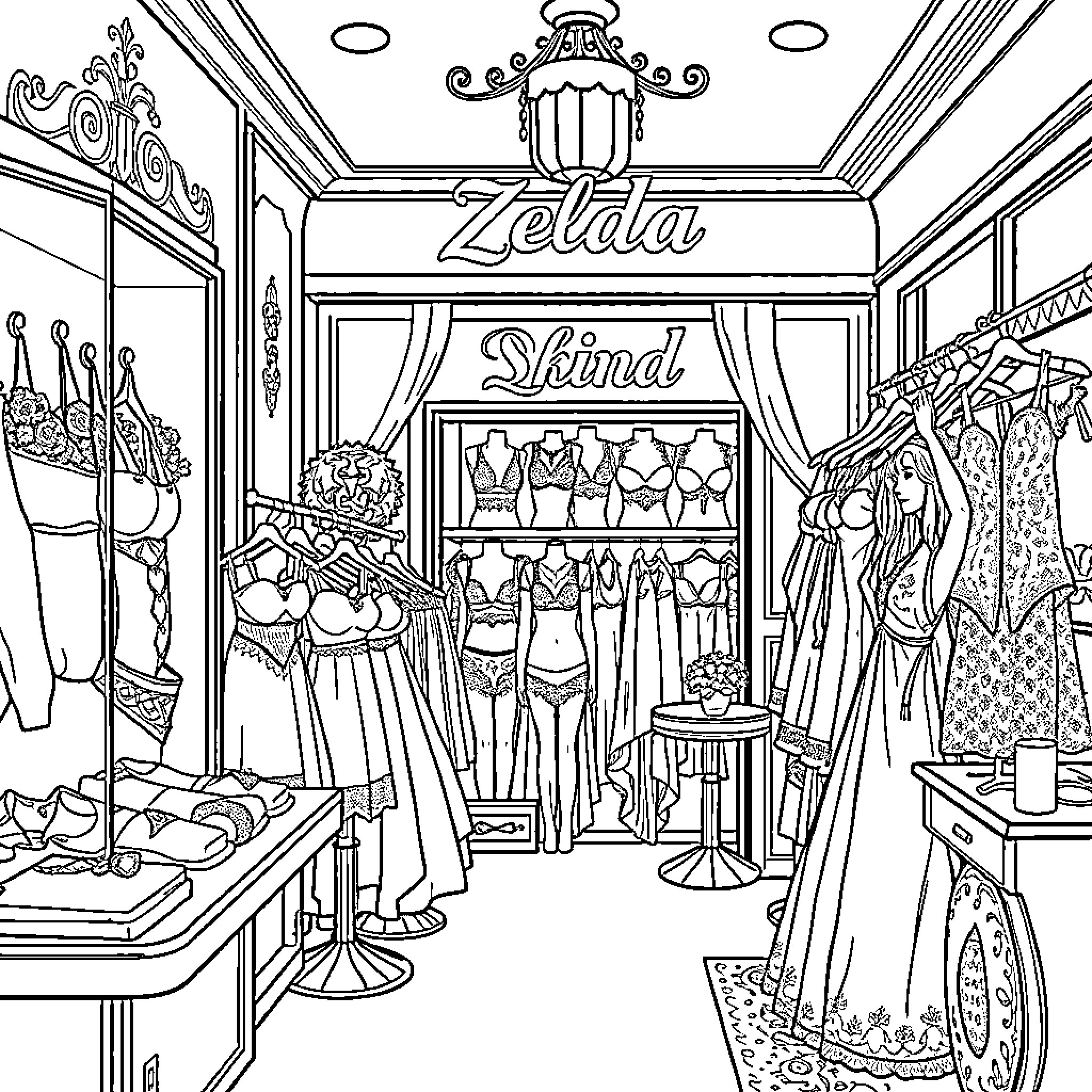 Zelda's Magical Clothing Shop Coloring Page (free black-and-white line drawing printable PDF for all, from beginners to advanced learners, including children, teens, adults, and seniors)