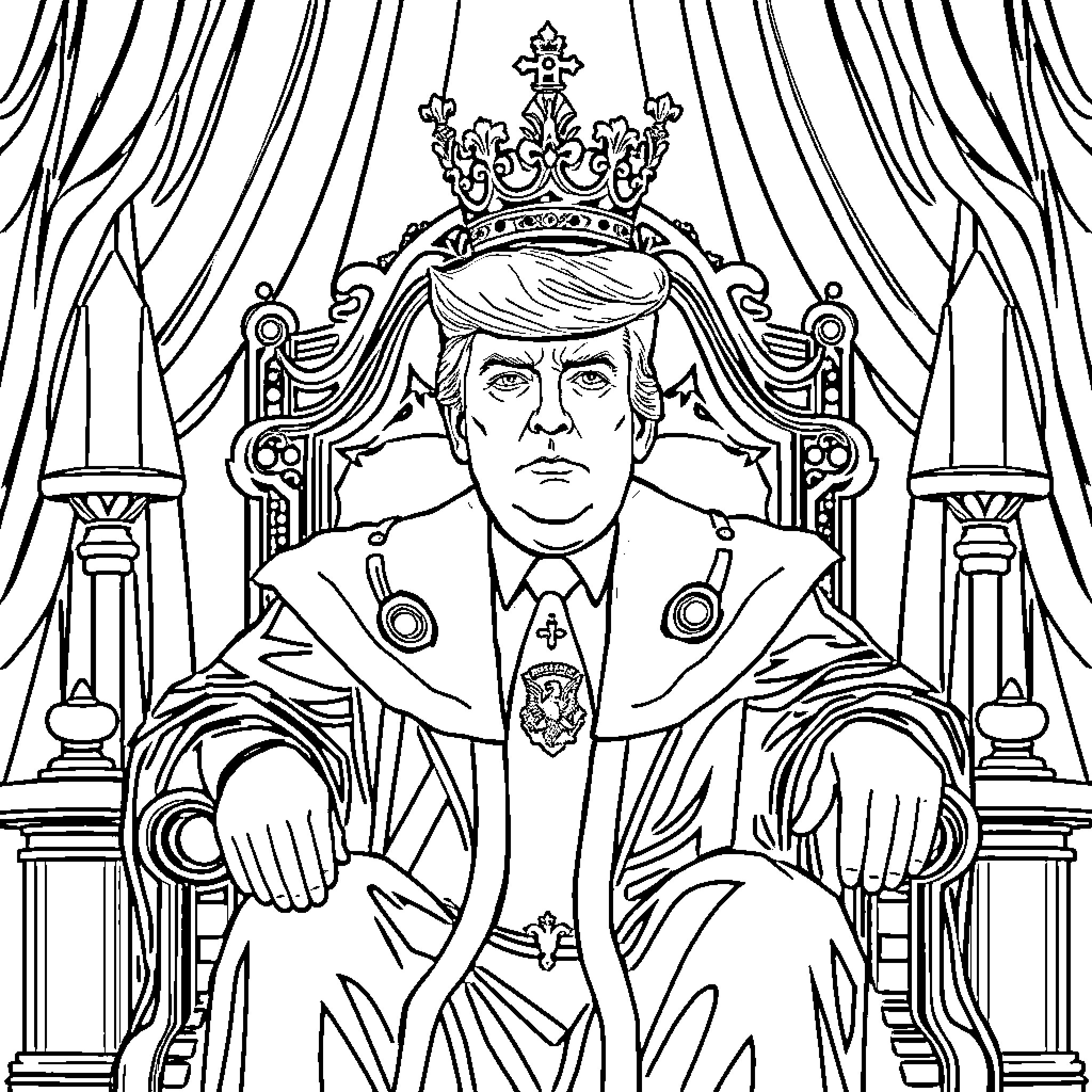 Trump's Royal Ascent to Absolute Power Coloring Page (free black-and-white line drawing printable PDF for all, from beginners to advanced learners, including children, teens, adults, and seniors)